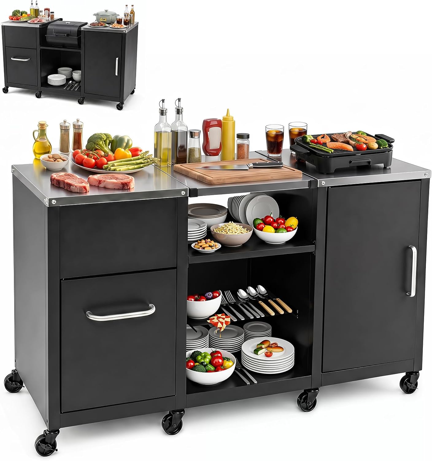 HAPPYGRILL 59” Outdoor Grill Table w/2 Removable Shelves & Storage Cabinets