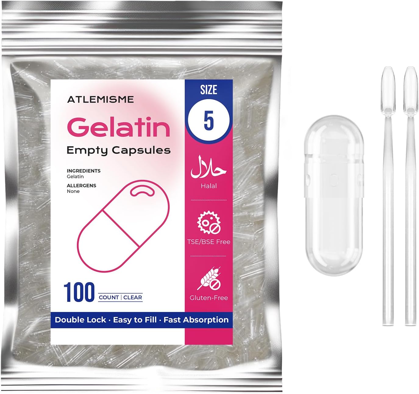 Empty Capsules Size 5 100 count,Small Clear Empty Gelatin Capsules Kosher,Halal and Non GMO Certified for DIY Supplements.Hypoallergenic Gel Capsule Empty with 2 Spoons,Adapted to The Capsule Filler