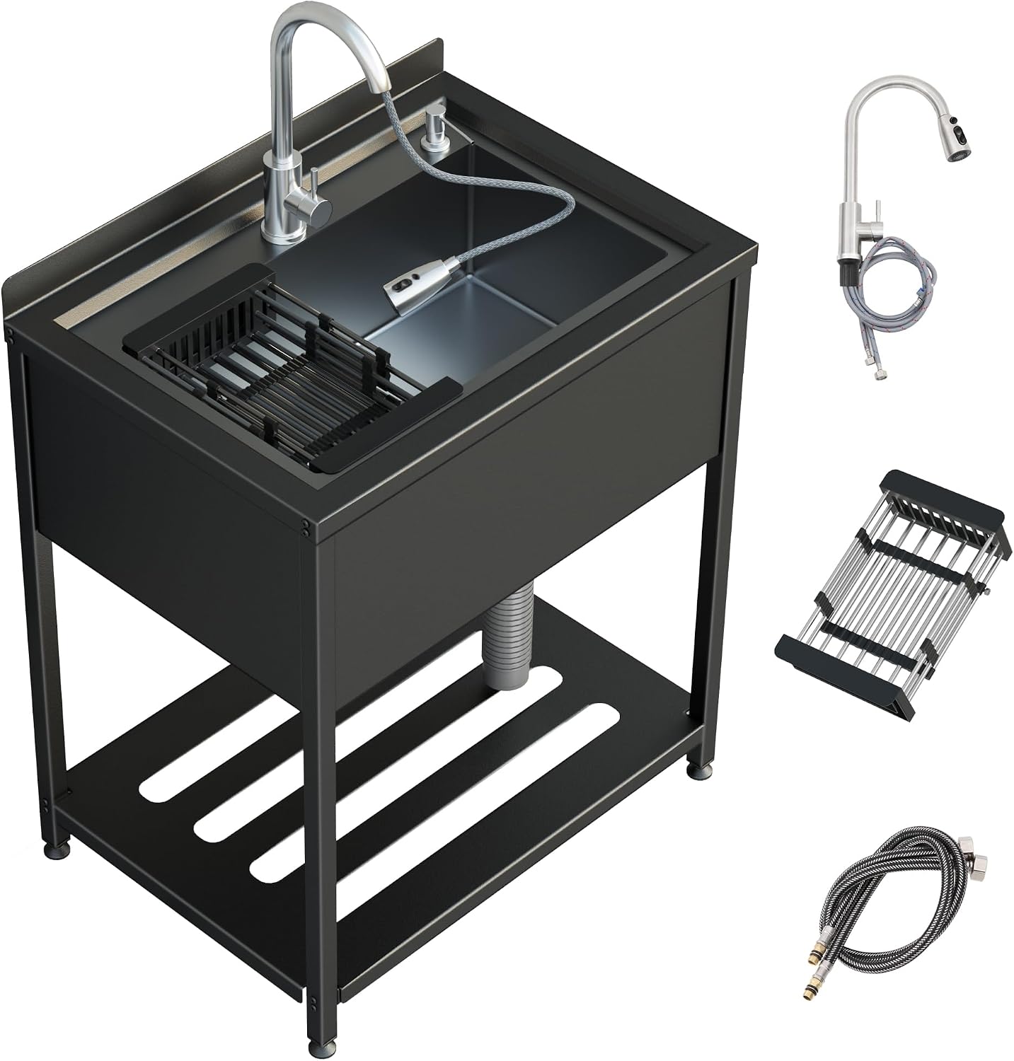 30inch Stainless Steel Utility Sink, Commercial Kitchen Single Bowl Sink with Cold and Hot Water Faucet,Hoses and Drain Kit,Stainless Utility Sink for Kitchens, Bathrooms, Garage, Laundry Room