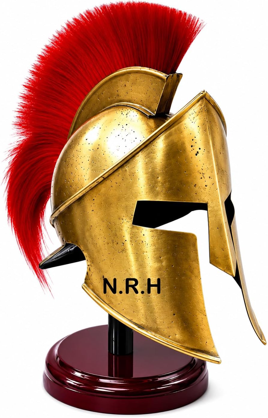 Medieval Greek Spartan Helmet King Leonidas 300 Movie Armor Helmet with Red Plume & Display Stand for LARP, Cosplay, Renaissance Fairs, Halloween, historical reenactment