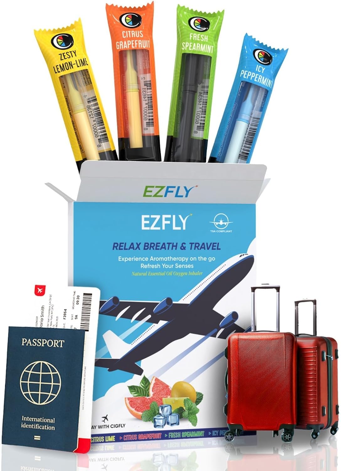 TSA-Accepted Flight Essentials, in-Flight Smoking Alternatives, Non-Electric Smokeless Inhaler, Flavored Air Puffer | Craving Relief - 4 Flavors | Travel Accessories - EZFly