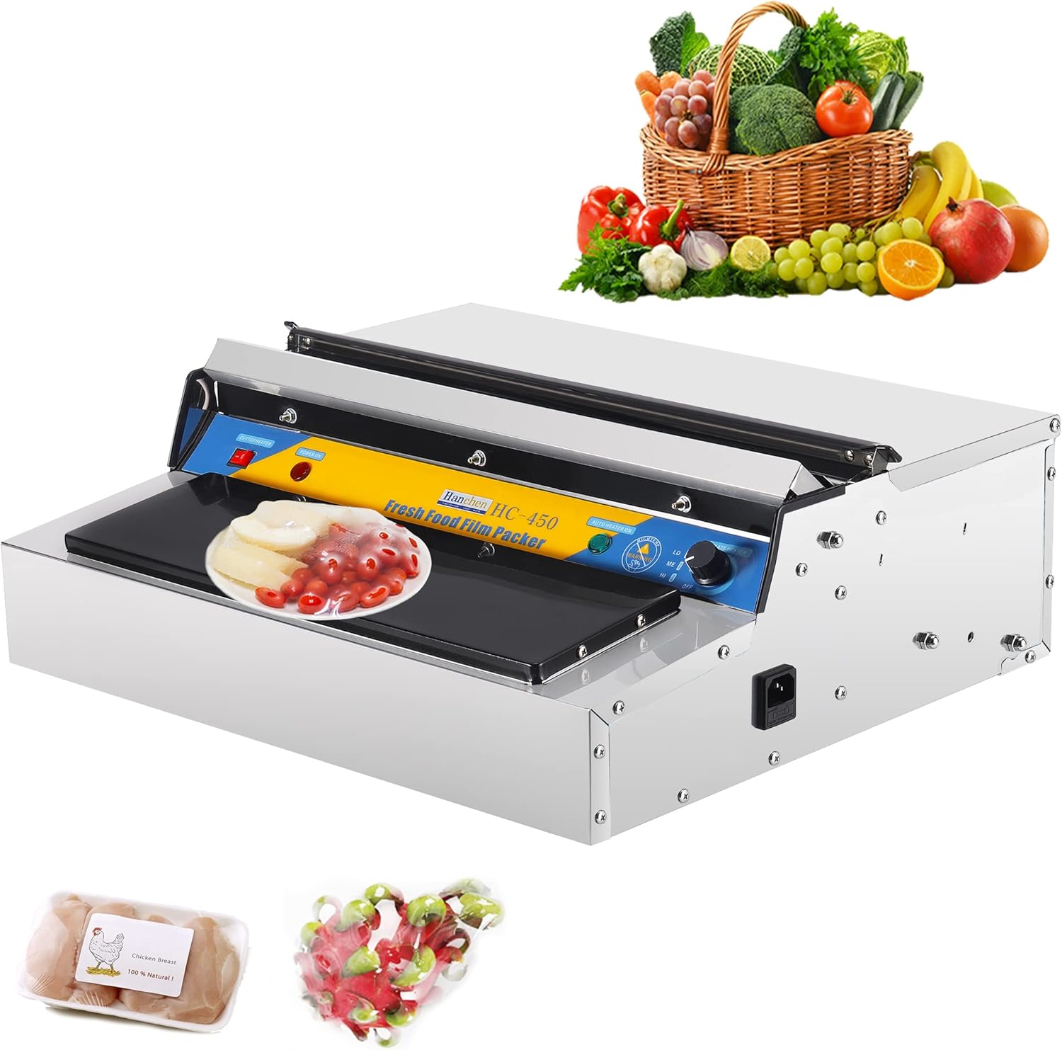 Hanchen Food Wrapping Machine Fresh Food Film Wrapper Hand Wrapping Machine 450mm Commercial Cling Film Packaging Stainless Steel Film Cutting and Sealing Machine for Meat Vegetables Fruits Packer