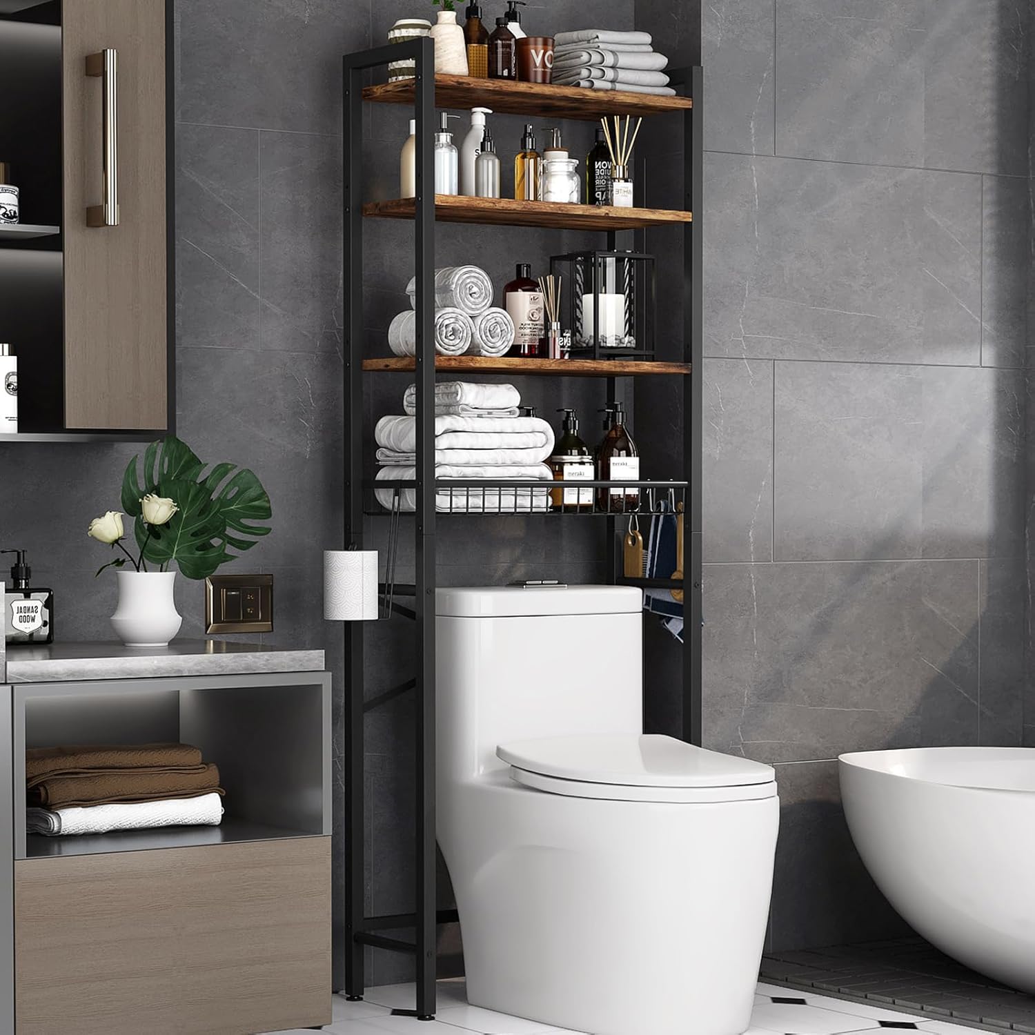 Over-The-Toilet Storage Rack, 4-Tier Bathroom Organizer Shelf Over Toilet with Adjustable Shelf and Basket, Freestanding Space Saver Bathroom Shelves Above Toilet for Room (Vintage Brown)