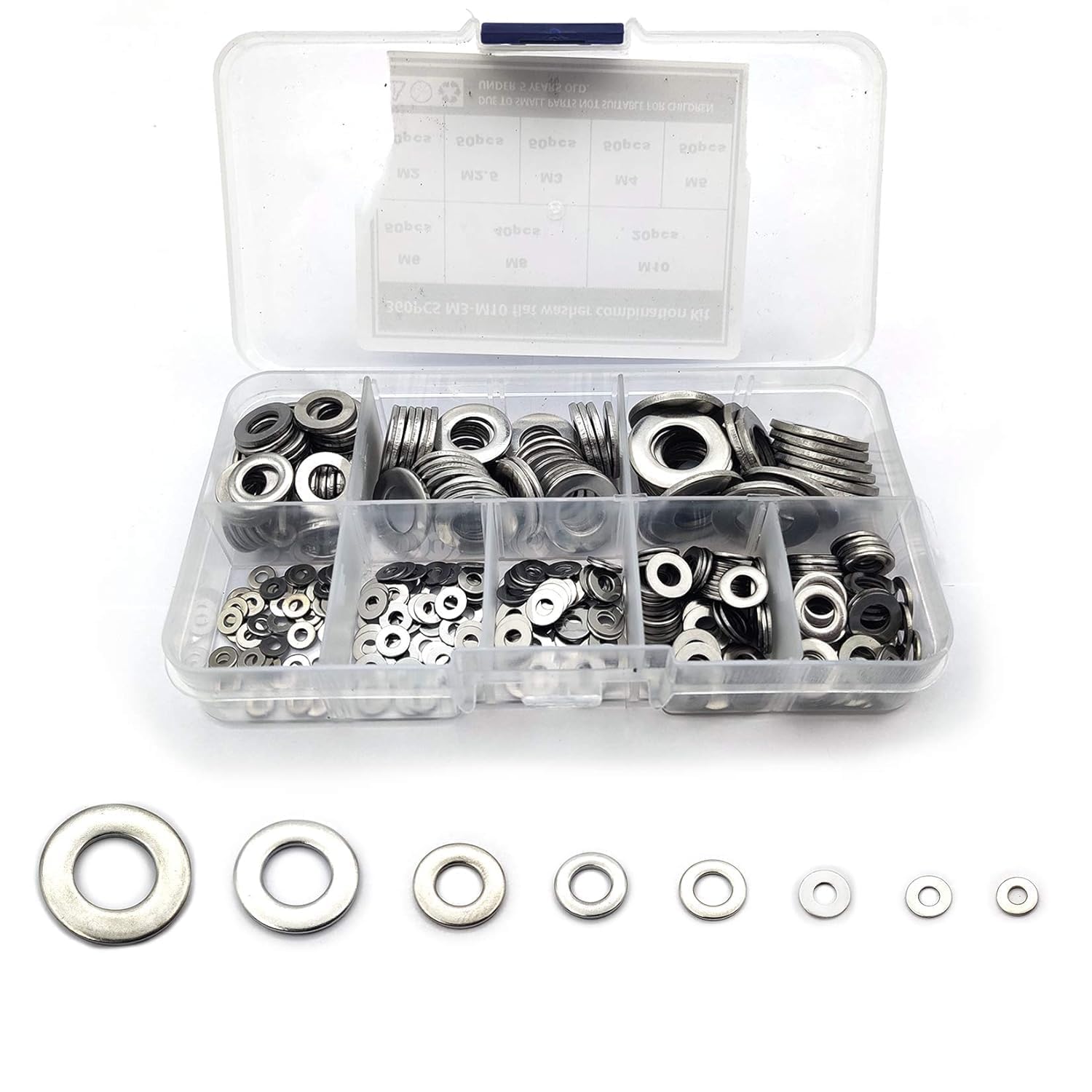 360PCS Flat Washers, Washers for Bolts Stainless Steel Silver Round Metric Flat Washers M2 M2.5 M3 M4 M5 M6 M8 M10 for Home Decoration Factories Repair Construction