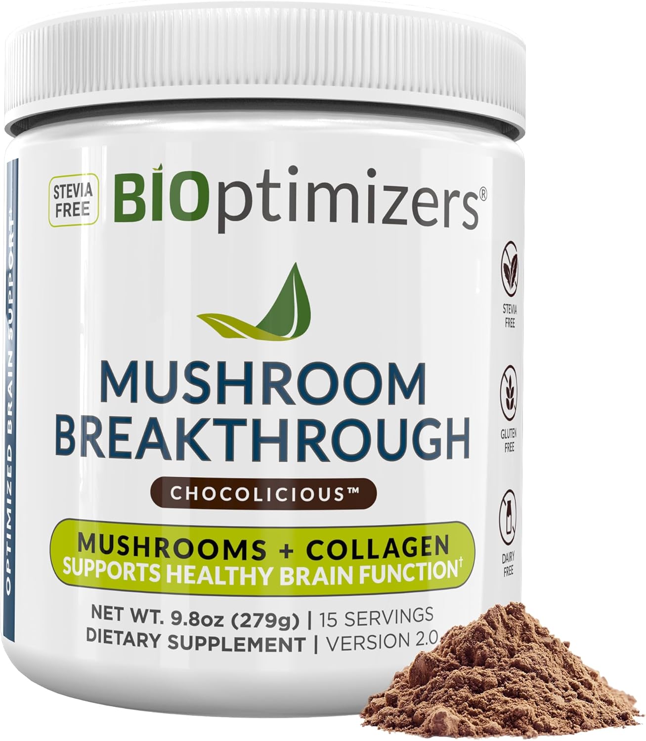 BiOptimizers Chocolicious Mushroom Breakthrough | Nootropic Supplement Blended Powder of Mushroom, Collagen & Superfoods: Lion’s Mane, Chaga, Reishi | 30 Servings