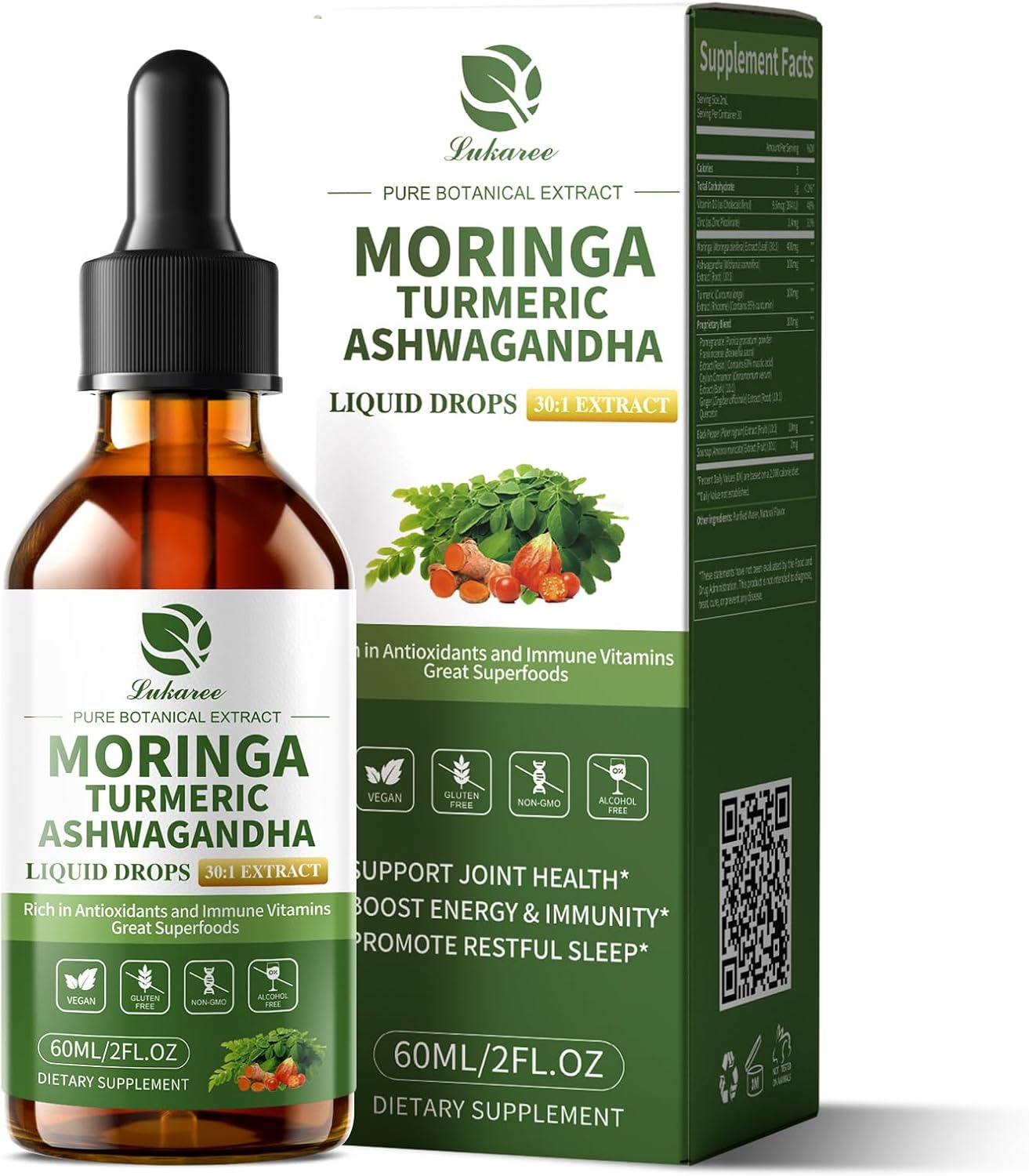 12-in-1 Organic Moringa Drops with Ashwagandha Turmeric Quercetin, Lipsomal 98% Absorption & Extract for Energy Immune Joint Digestive Metabolism, Vegan Non-GMO, More Potency Than Moringa Powder