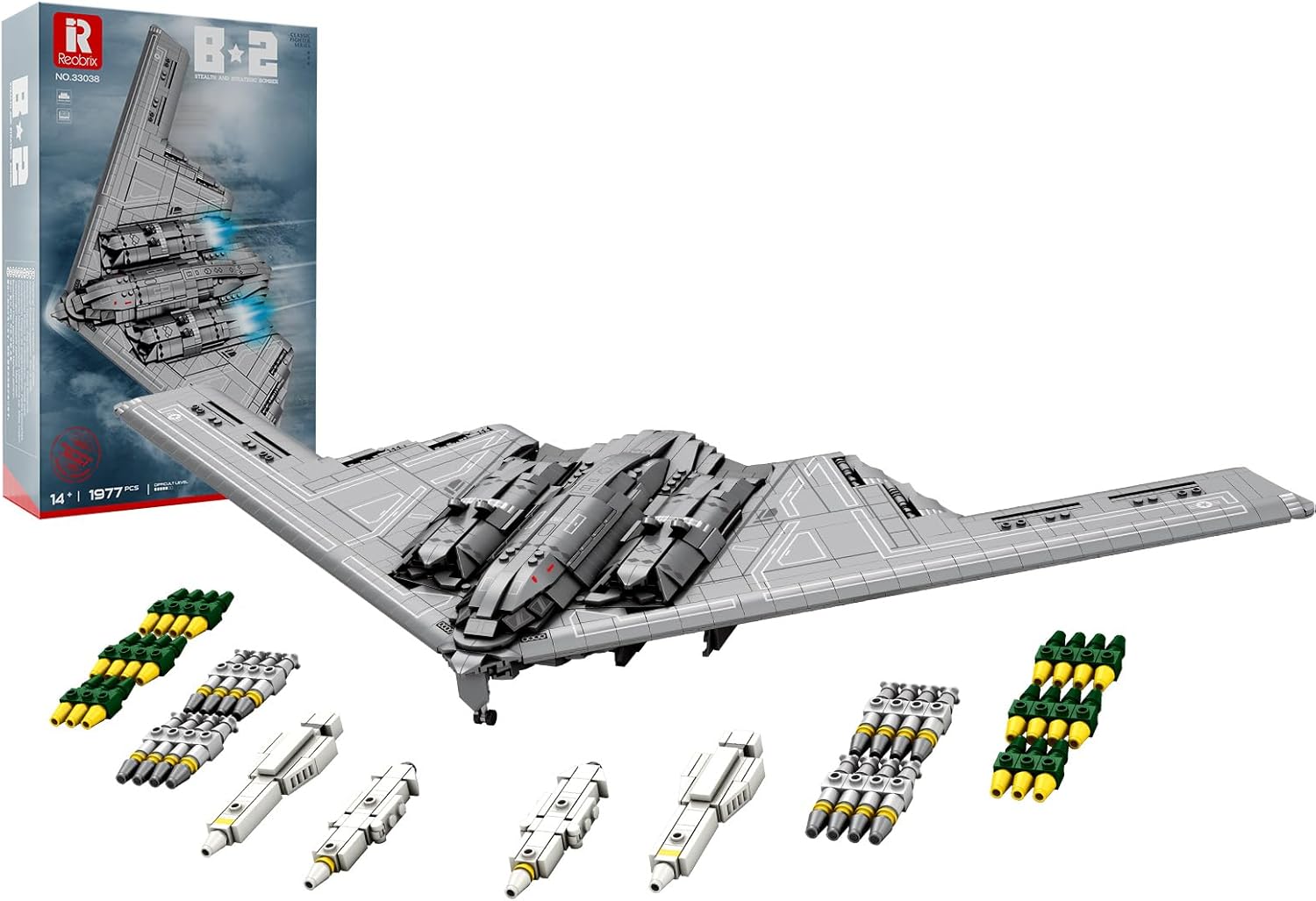 Reobrix B2 Fighter Jet Building Toy Set, Military Bomber Plane Model for Adults, 33038 Airplane Cool Aircraft Hobby Fan Collection Decor Gifts for Men Kids Boy 14+ (1977 Pcs)