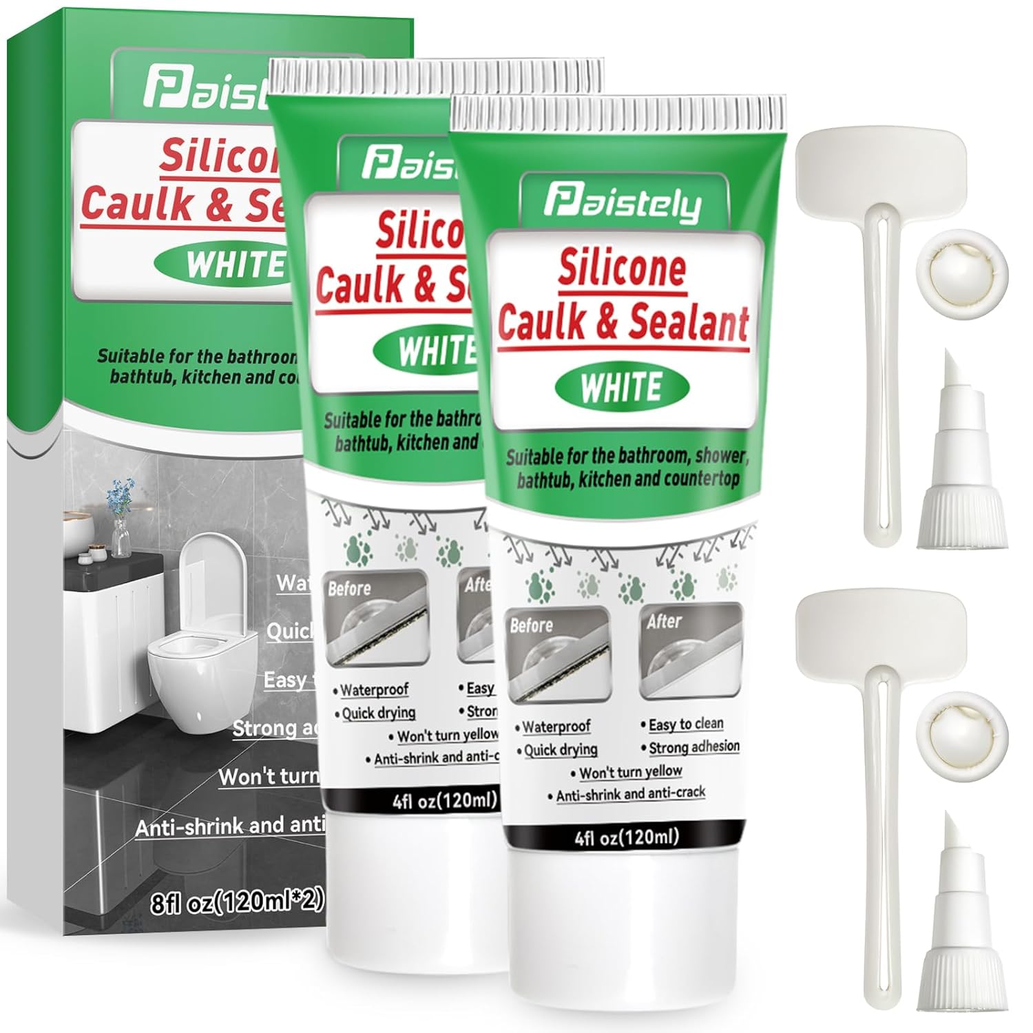 White Silicone Caulk Bathroom, White Caulking Silicone Waterproof, Bathroom Caulk for Kitchen & Bathroom, Shower, Countertops, Long-Lasting, Shrink & Crack Proof