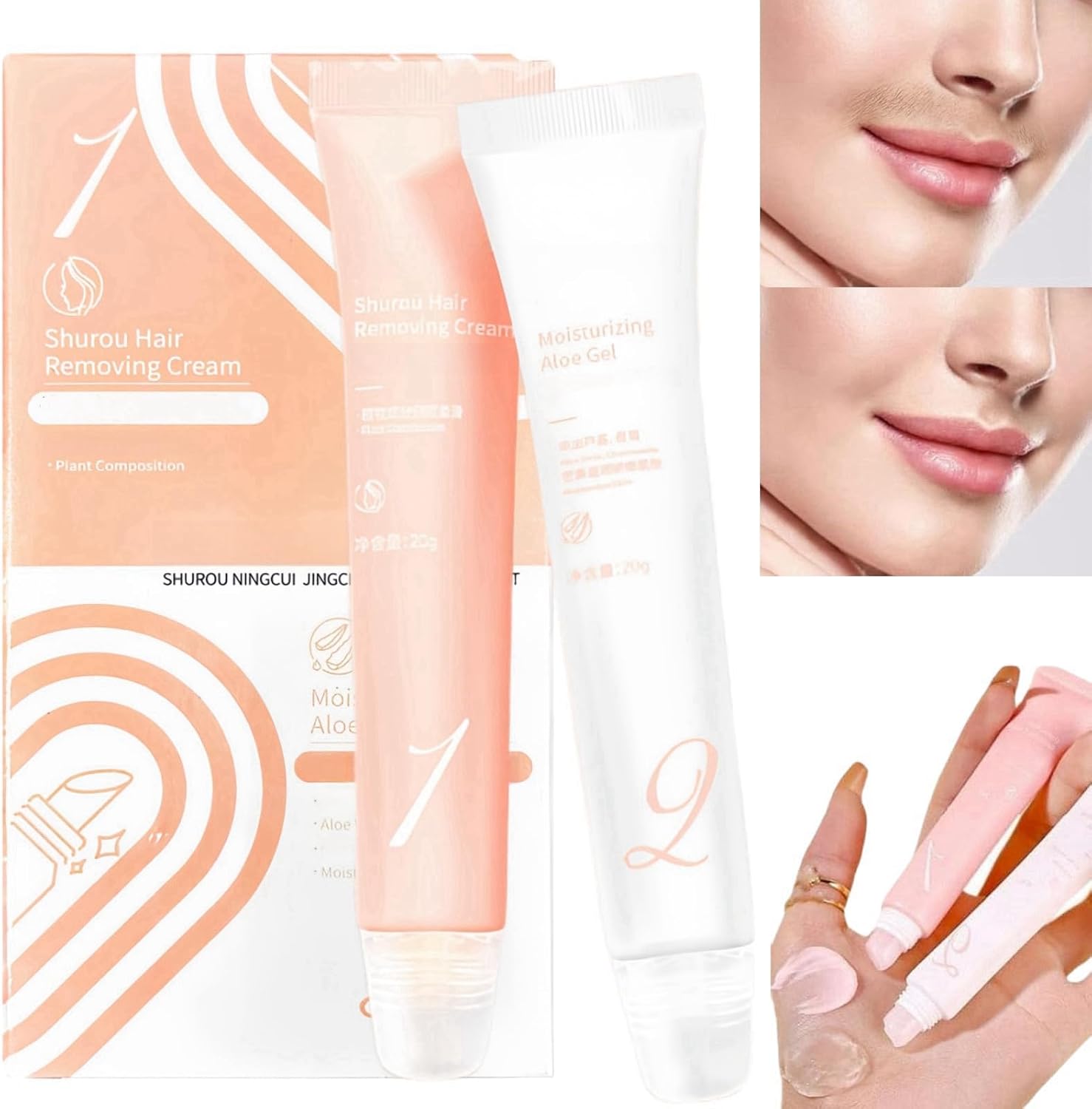 2Pcs Facial Hair Removal Cream,Hair Removal Kit,Upper Lip Hair Remover,Face Hair Remover for Women,Moisturizing Painless Hair Removal Cream,Lip Hair Remover Women,Hair Remover Cream,Hair Removal Face