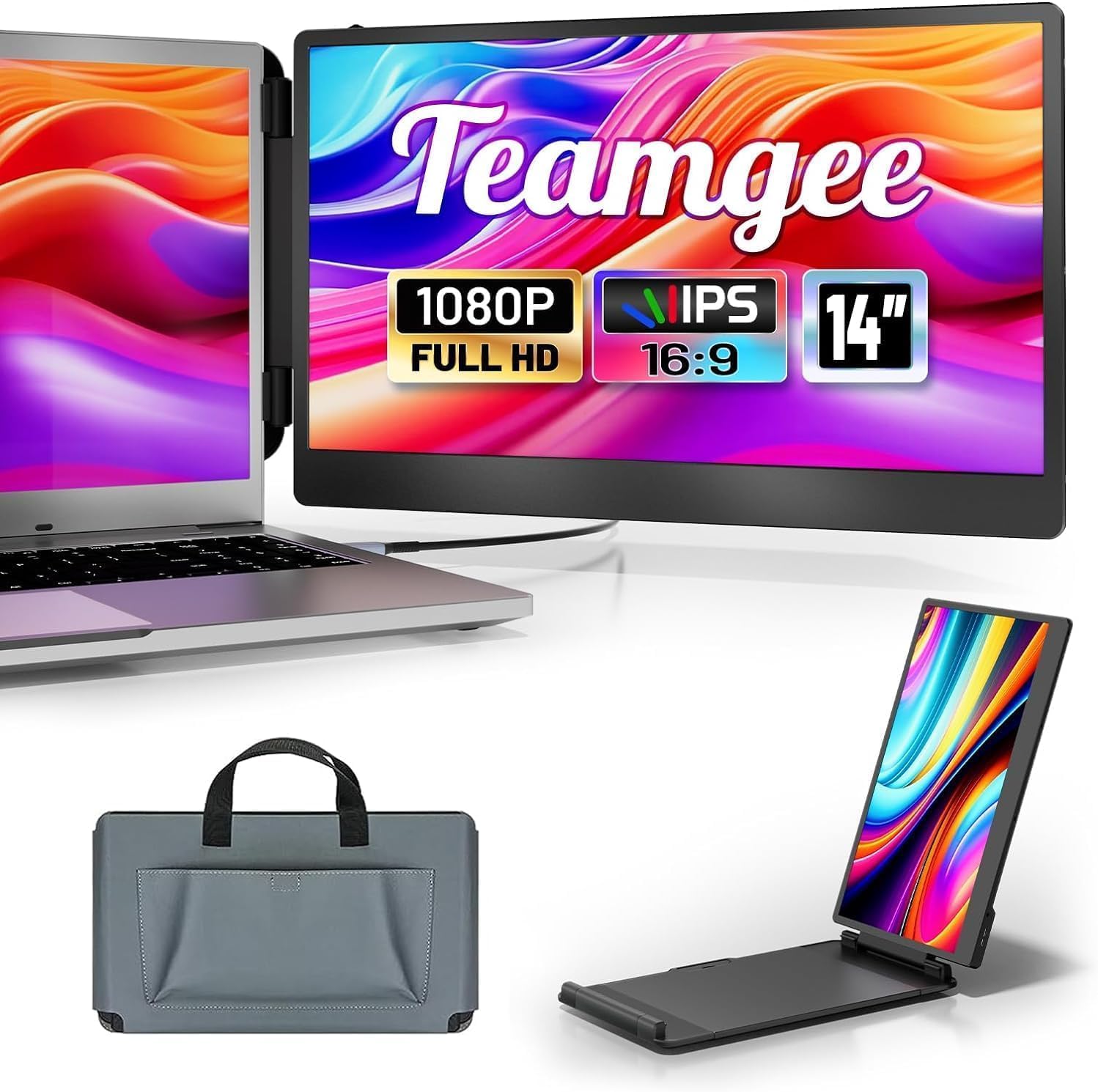 Teamgee Laptop Screen Extender, 14" FHD 1080P IPS Portable Monitor for Laptop, Built-in Stand/Speaker, Dual Screen Monitor for 13"-17" Laptops, Plug & Play Suitable for Mac, Wins, Android, Dex