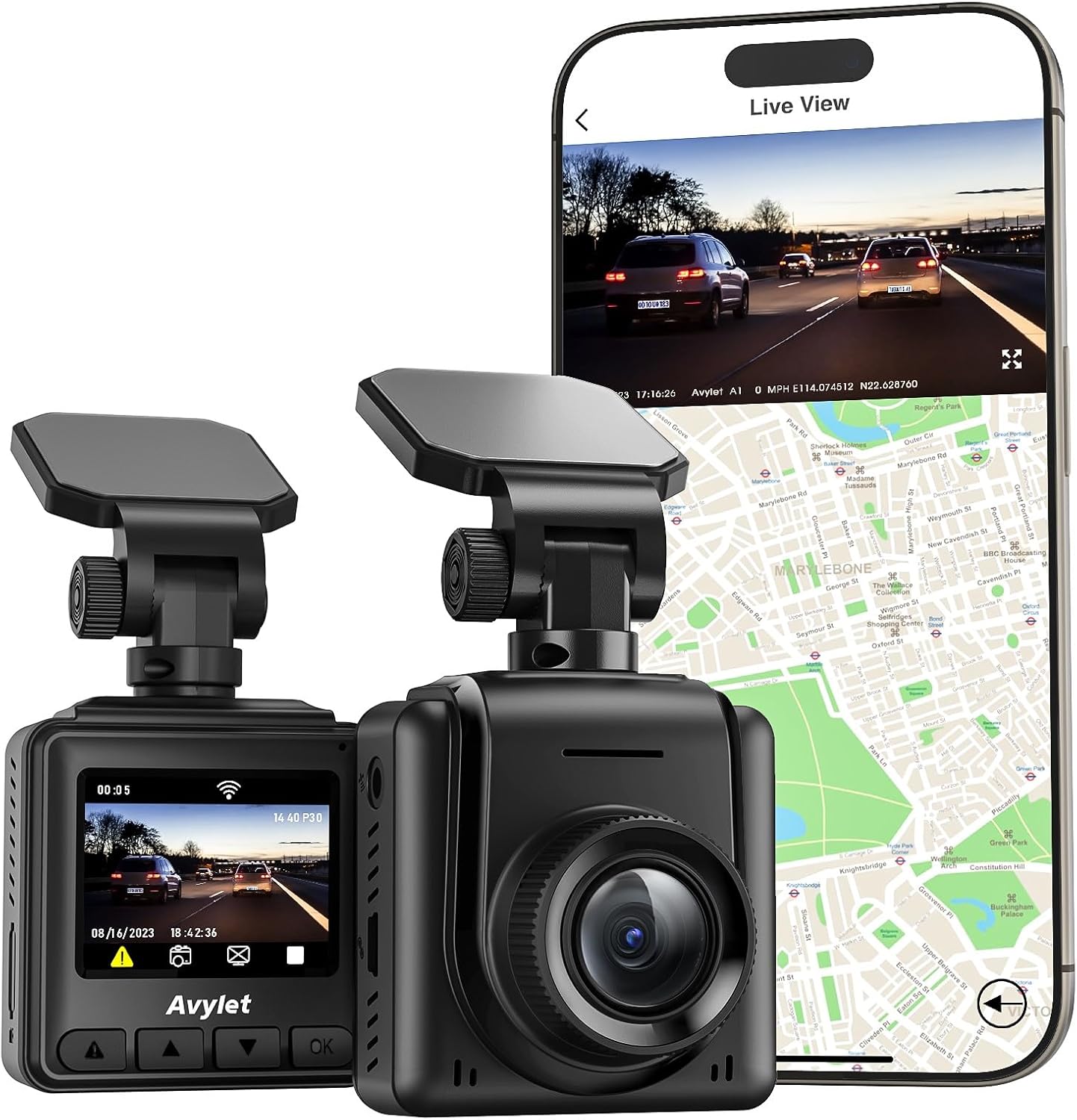 Dash Cam WiFi 2K, Car Camera with APP, External GPS, 1.5'' IPS Screen, Front Dash Camera for Cars, Mini Dashcams, WDR Night Vision, 24H Parking Monitor, Loop Recording, G-Sensor