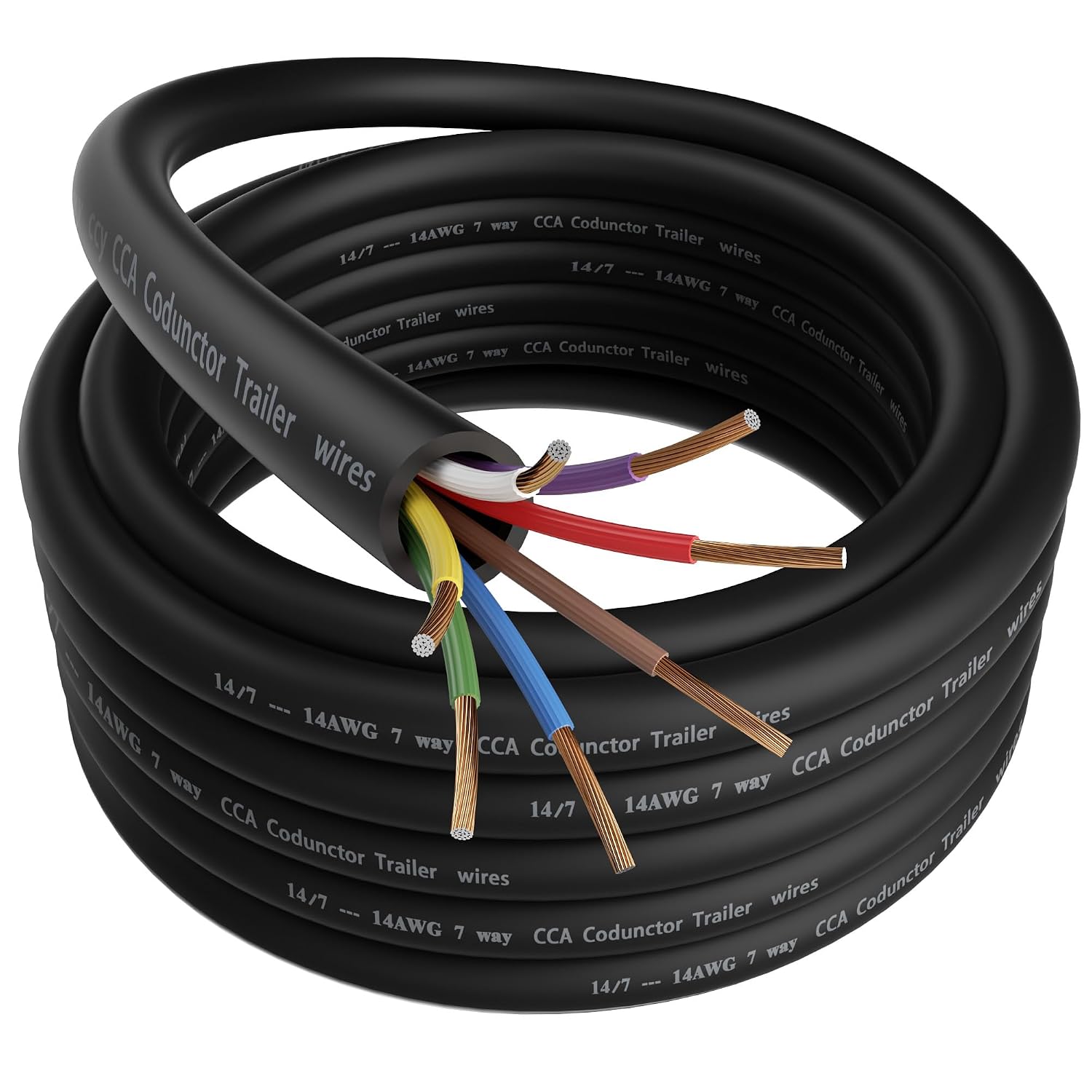 7 Way Trailer Wire 35FT, Heavy-Duty 14 Gauge Copper Clad Aluminum Cable, 14AWG 7 Pin Trailer Wiring with Color-Coded Jacket, Insulated Stranded Extension Cable for Utility Trailer, RV, Automotive