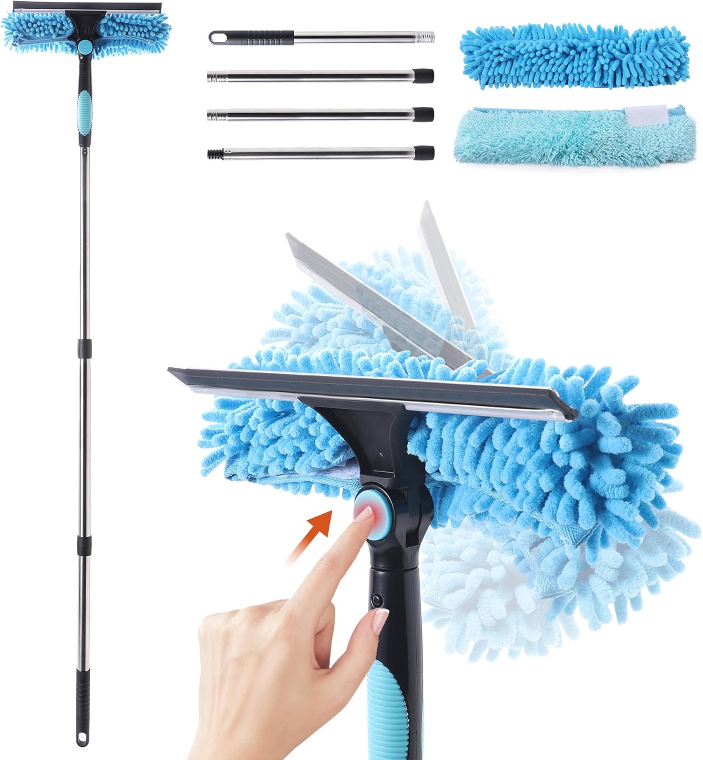 CLEANHOME Window Cleaning Equipment,2-in-1 Squeegee & Cleaning Cloths for high windows, ceilings, car windows cleaning, Segmented Threaded Irons - Adjustable up to 64.96in, 180ยฐ Swivelling Panel