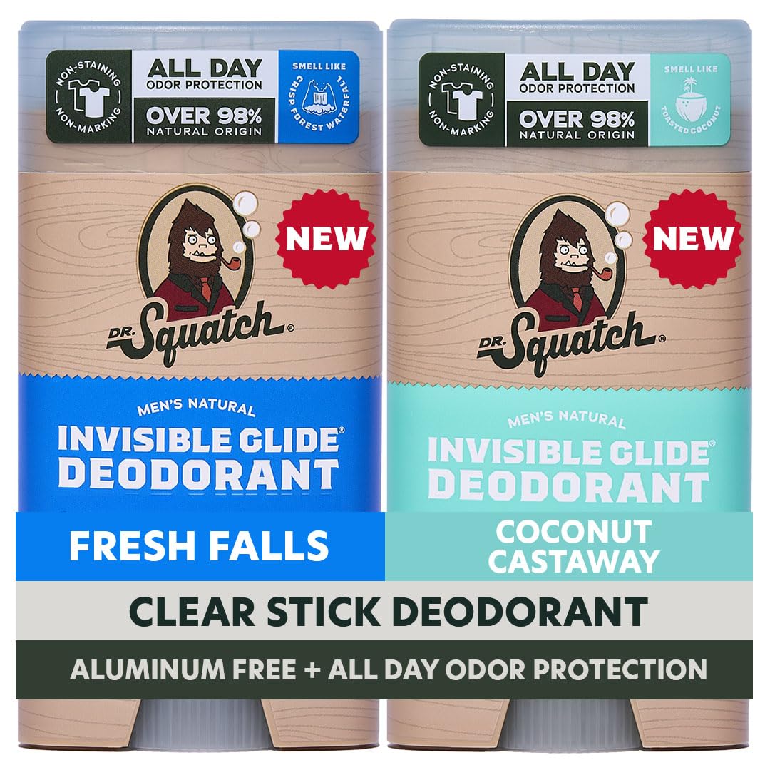 Dr. Squatch Invisible Glide Natural Men’s Deodorant – Smooth Glide, No Stains – Aluminum Free Deodorant Men – Safe for Sensitive Skin – Fresh Falls + Coconut Castaway, 2.65oz (2-Pack)
