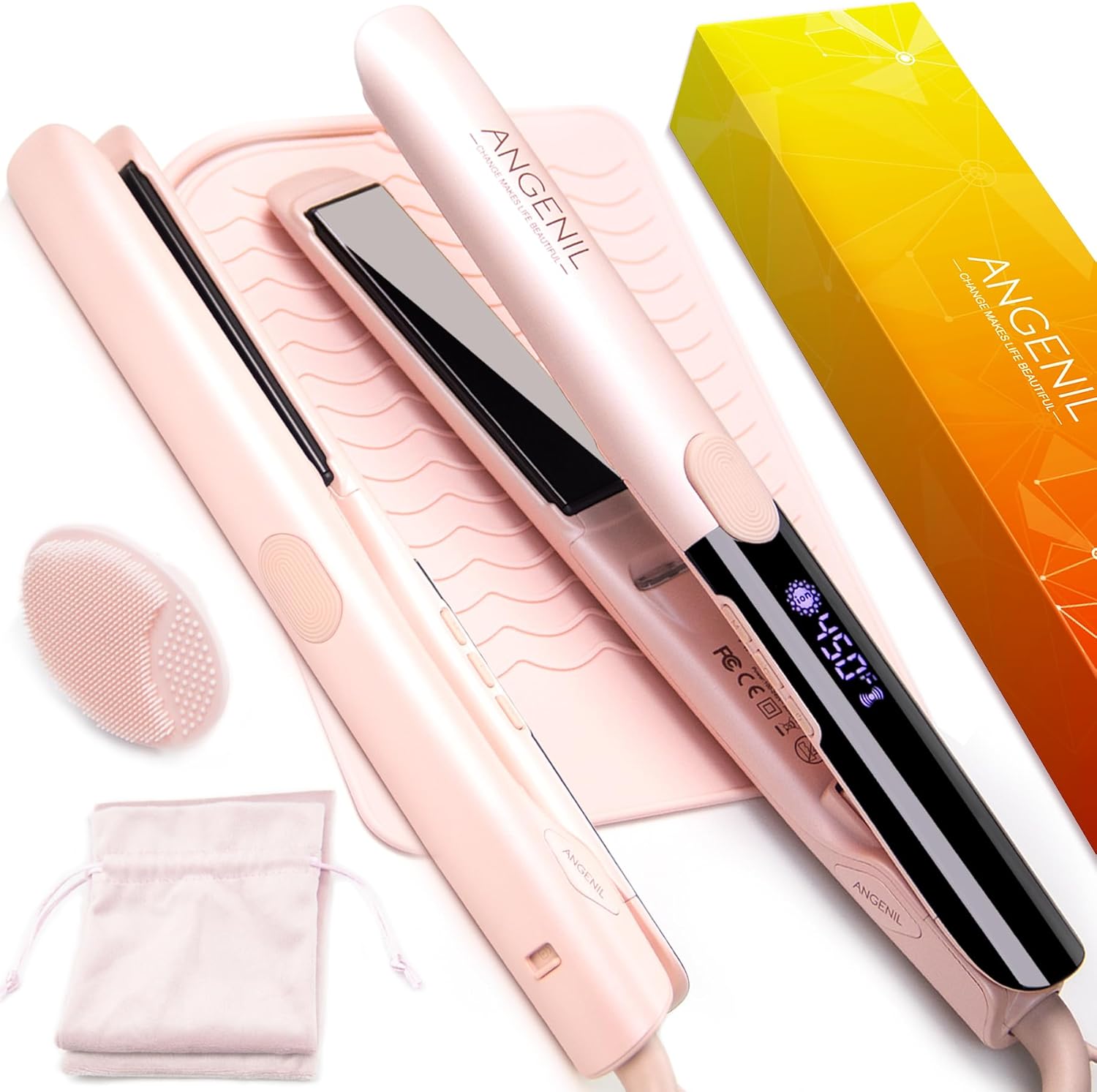 ANGENIL Pro Titanium Flat Iron Hair Straighteners for Women, Dual Voltage Hair Straightening and Curling Iron in One, 20s Fast Heating, Ionic Round Pink Travel Straighteners with Heat Proof Mat