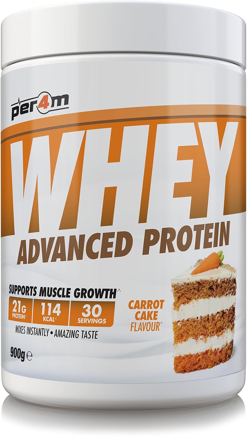 Per4m Whey Protein Powder | High Protein Shake for Muscle Growth & Recovery | Low Sugar Gym Supplement | Sports Nutrition Drink + Amino Acids (900g, Carrot Cake)