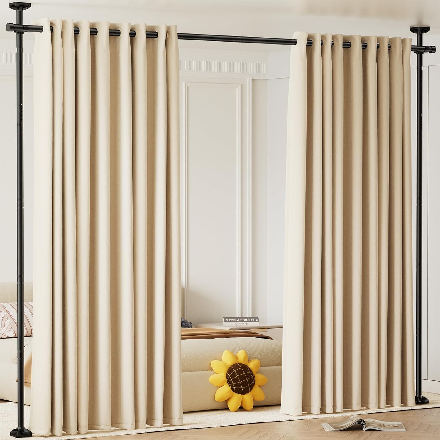 Room Divider Curtain Rod, No Drilling Room Separator for Space Partition, 4-10ft (H) 28-70 inch(W) Adjustable Heavy Duty Temporary Wall Divider Floor to Ceiling Tension Rod, Black