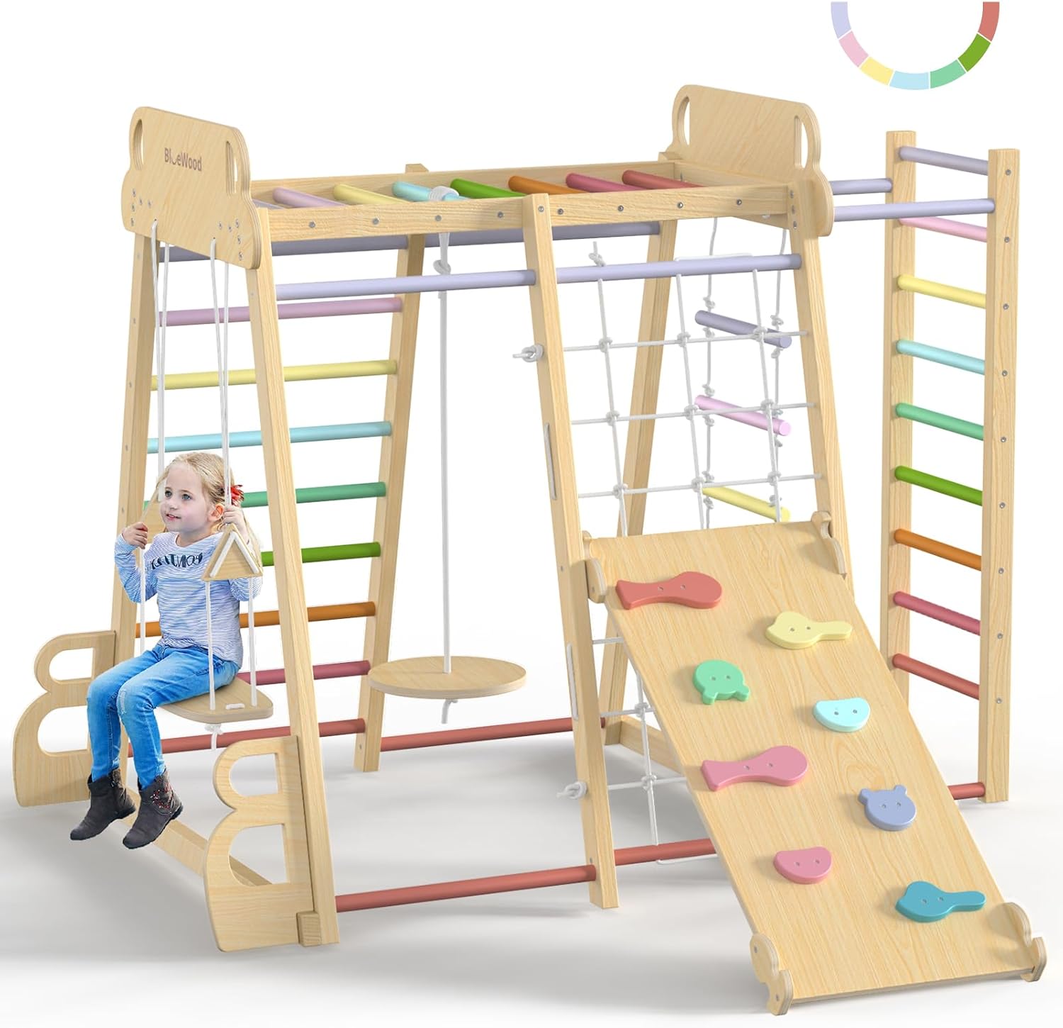 BlueWood Upgraded Indoor Jungle Gym 9-in-1 Playground Kids Climbing Toys, Waldorf Style Wooden Climber Playset with Slide, Swing, Monkey Bars, Upright/Rope Ladder, Climb Net, Rainbow