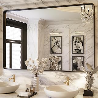ISKM Black Framed Mirror for Bathroom 55" x 36" Matte Black Bathroom Vanity Mirror Anti-Rust, Tempered Glass, Rounded Rectangle Mirror(Horizontal/Vertical)