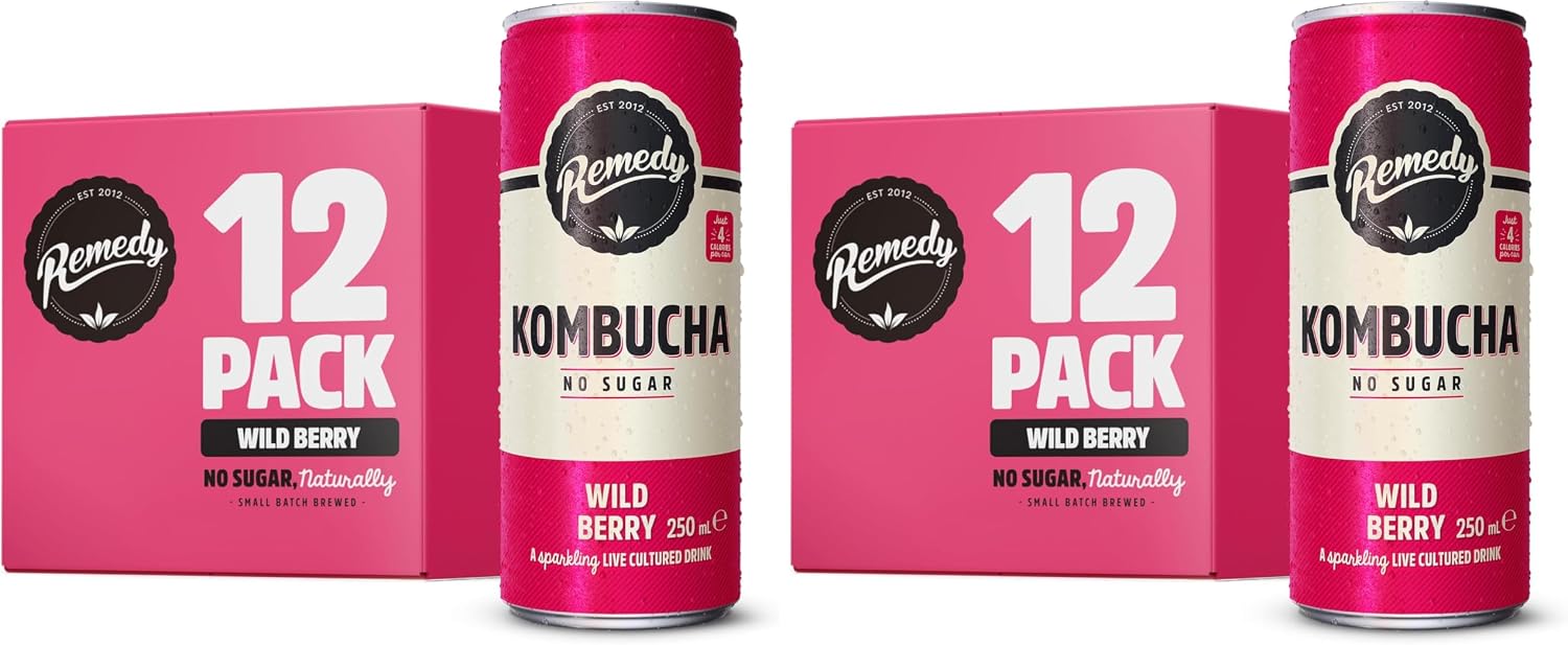Remedy Kombucha Tea - Wild Berry - Sparkling Live Cultured, Naturally Sugar Free Soft - Probiotic for Gut Health - 12 x 250ml (Pack of 2)