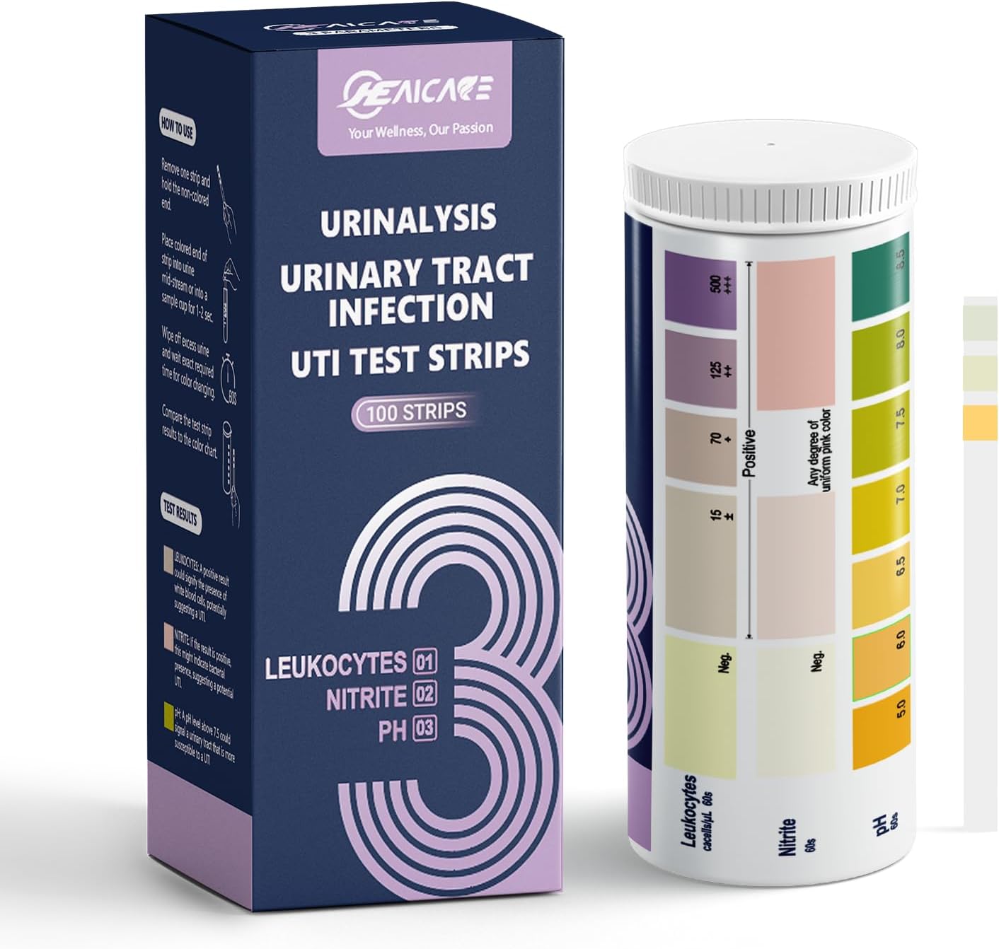 Urinary Tract Infection UTI Test Strips, Home Urine Testing Kit for 3 Parameters Including Leukocytes, Nitrite and pH, 100 Count