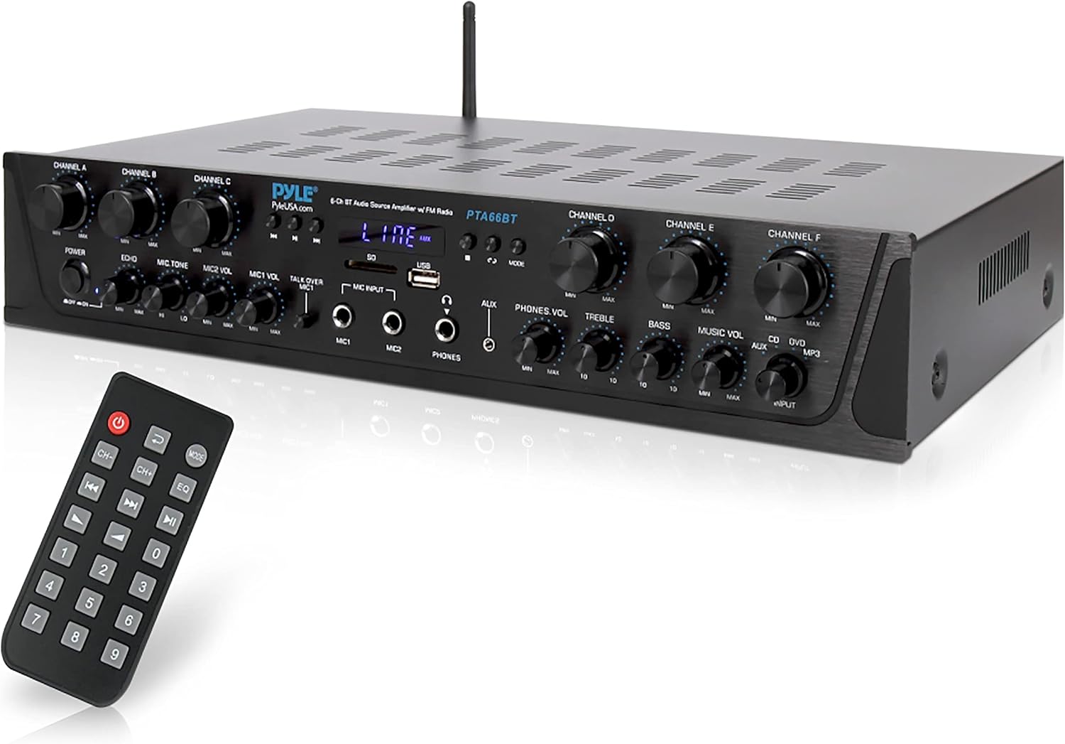 Pyle Wireless Home Audio Amplifier System - Bluetooth Compatible Sound Stereo Receiver Amp, 6 Channel 600W Power, Digital LCD, Headphone Jack, 1/4'' Microphone IN USB SD AUX RCA FM Radio - PTA66BT.6