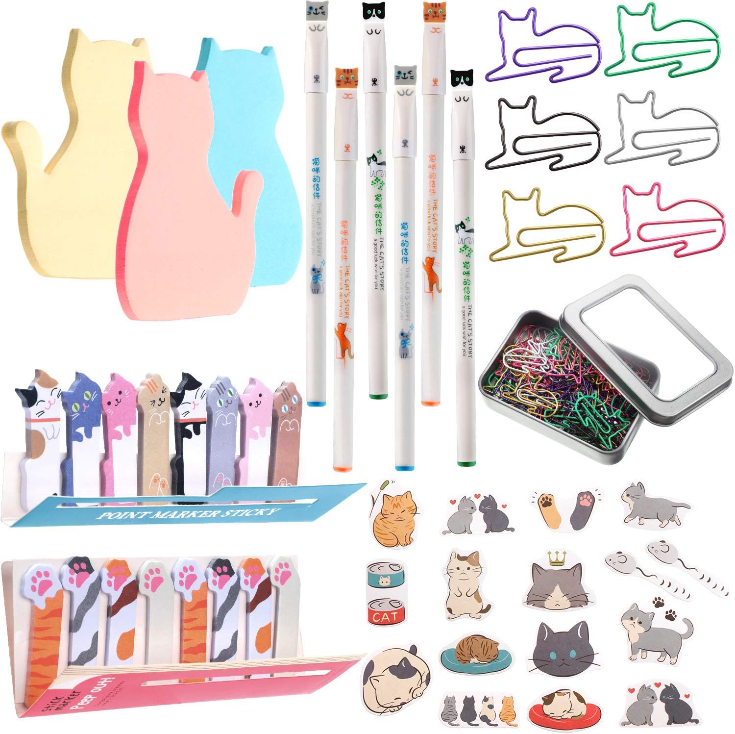 Outus Cat Office Supplies Cute Sticky Notes Paper Clips Gel Ink Pens Cartoon Stickers Party Favor for Cat Lovers Stationery School Office Supplies Desk Accessories(Cute Style)