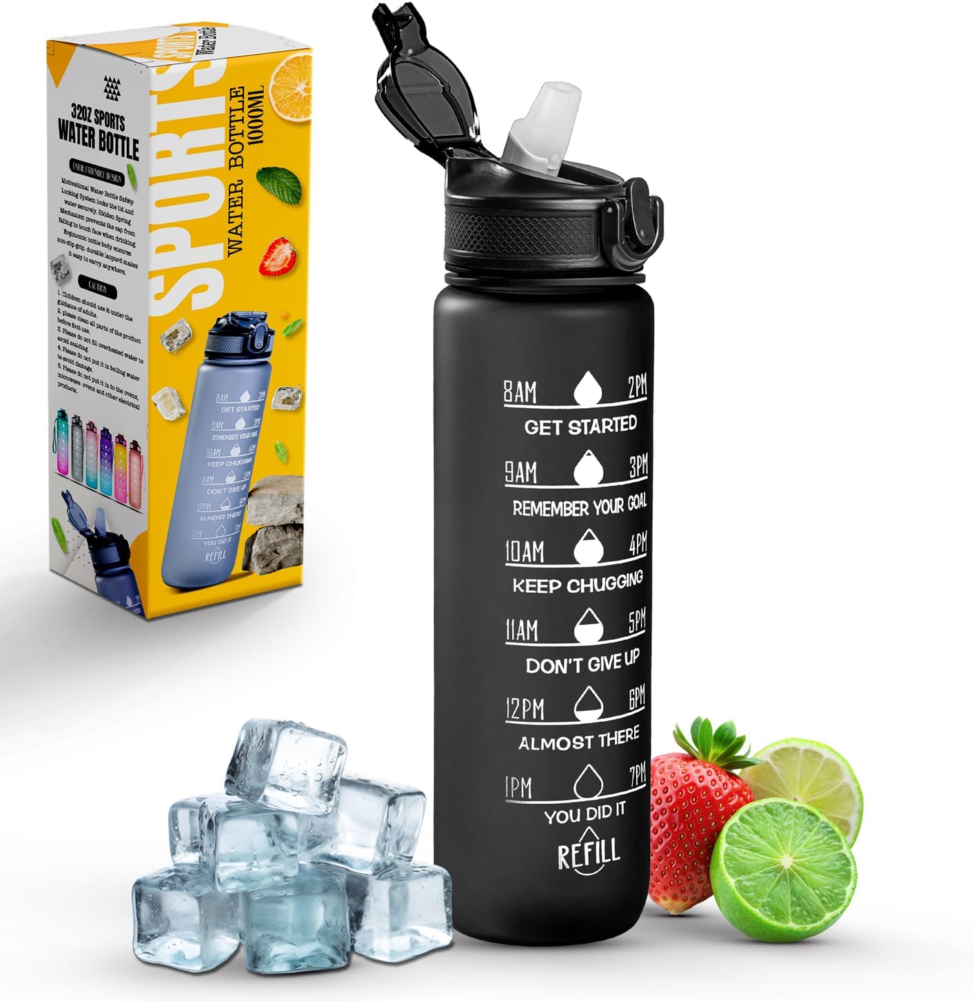 Roe Tenpo Sports Water Bottle with Straw and Time Marking, and 32OZ Capacity - Motivational and Eco-Friendly BPA-Free Bottle for Running, Gym, Yoga, Outdoors, and Camping (Style-1, Black)