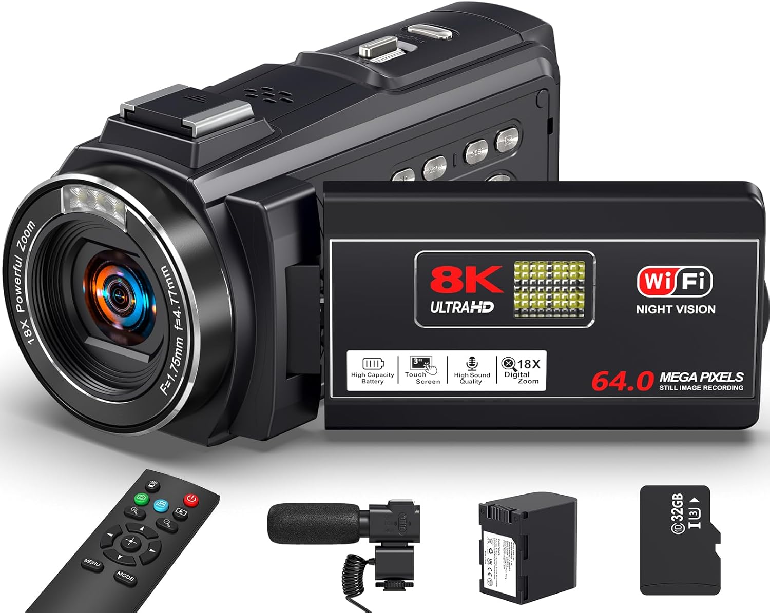 8K 64MP Video Camera Camcorder, 18X Digital Zoom with IR Night Version Vlogging Camera for Youtube, 3.0" IPS Touch Screen with one 4500mAh Battery, 32GB TF Card, Remote Control, Mic, and Adapter