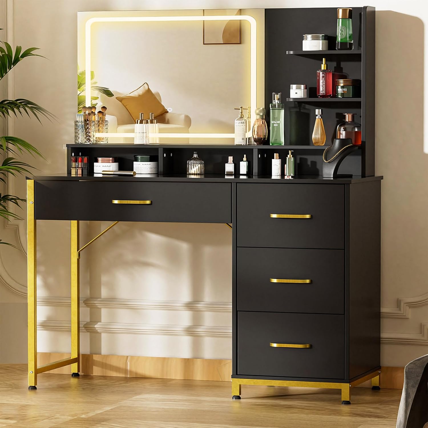 COMHOMA Vanity Desk with Mirror and Lights, Makeup Vanity Table with 4 Drawers & Storage Shelves, Large HD Mirror, 3 Color Modes & Adjustable Brightness, Modern Dressing Table for Bedroom, Black