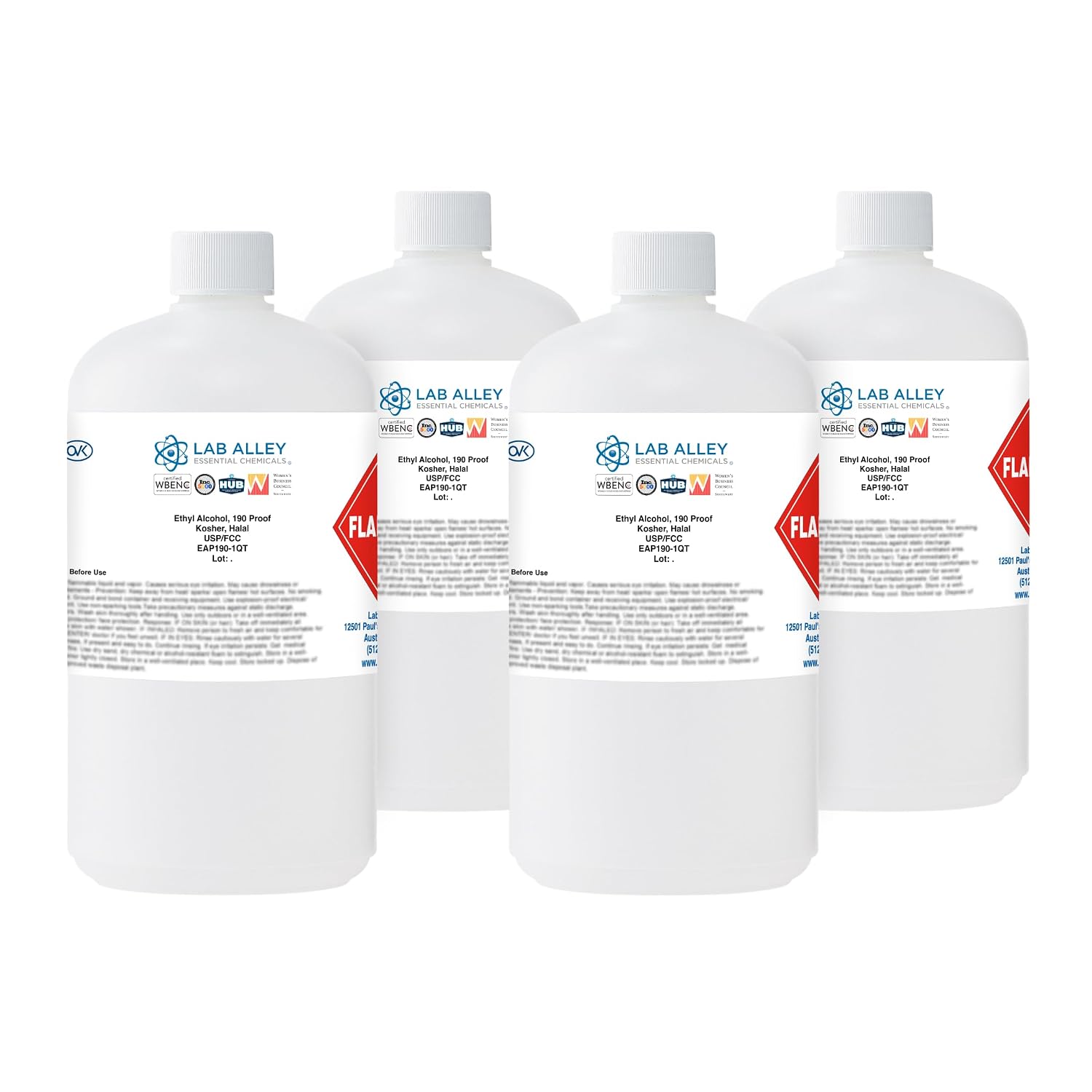 Lab Alley Ethanol 190 Proof (95%) USP/FCC Food Grade Alcohol, Grain Alcohol Solvent, Kosher, Laboratory & Extraction Use, 1 Gallon (4 x 1 Quart Bottles)