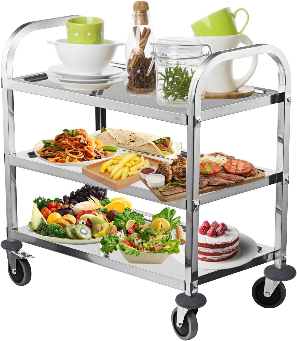 HLC 3 Tier Stainless Steel Serving Catering Trolley Wheels Utility Cart Kitchen Cart Serving Trolley with Locking Wheels for Kitchen Hotels - 750x400x835MM