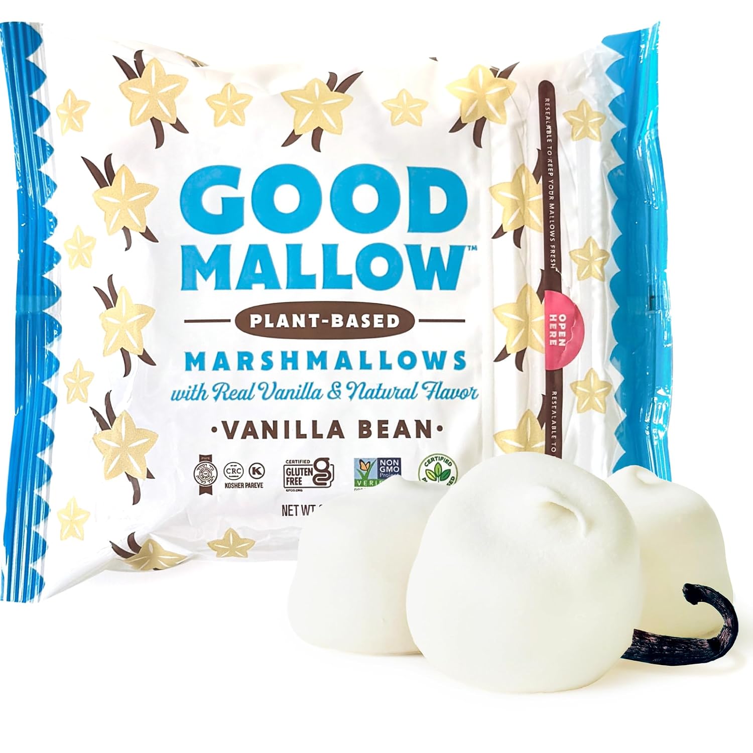 GoodMallow Vegan Marshmallows - Large Kosher Gluten Free Dairy Free Healthy Marshmallows - 8 oz. Natural Gelatin Free for Hot Chocolate, Smores, Baking - Nothing Artificial, Vanilla
