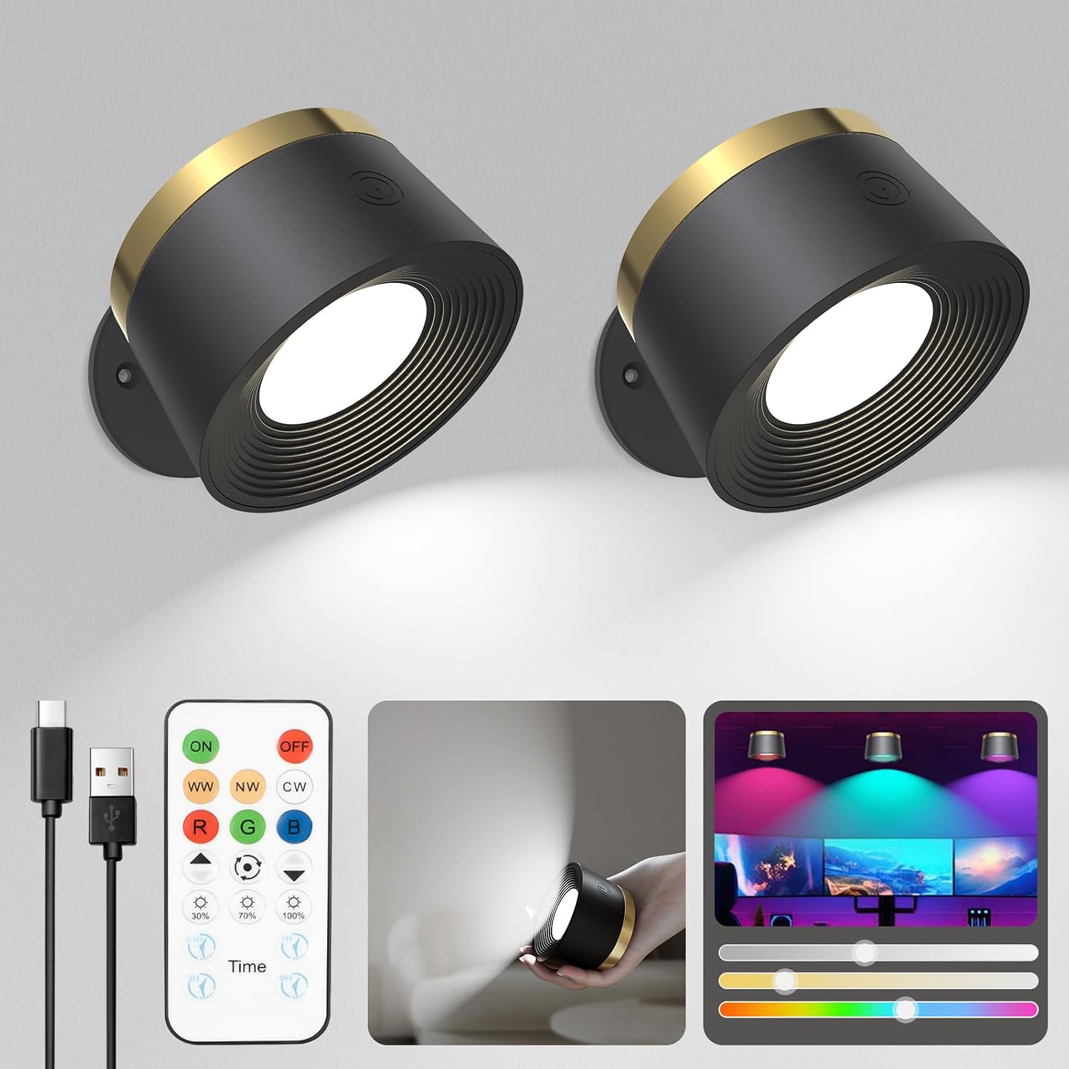 Speclux Battery Operated Wall Lights 2 Pack, LED Rechargeable Wall Lights Indoor, 3500mAh Magnetic Wall Lamp with Remote, 3 Color Temperatures & 13 RGB & Dimmable 360° Free Rotation Wall Sconces