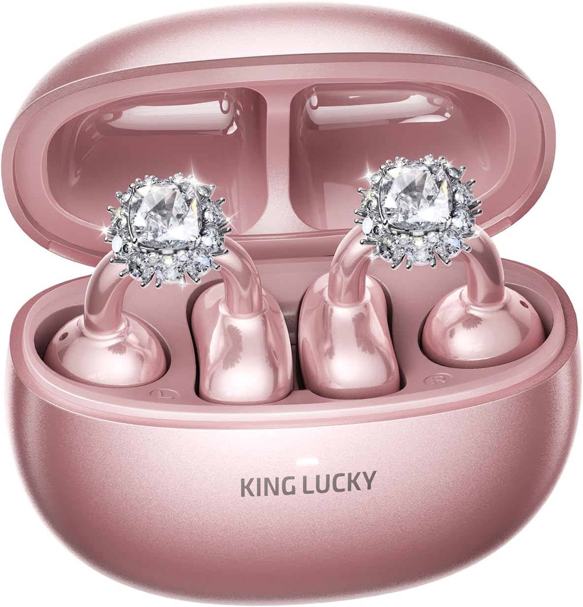 Kinglucky Stylish Open-Ear Clip-On Headphones with Detachable Earrings, Lightweight & Comfortable Fit, Fashionable Open-Ear Earbuds for Women, Ideal for Work, Running, and Daily Rose Gold (Diamond)