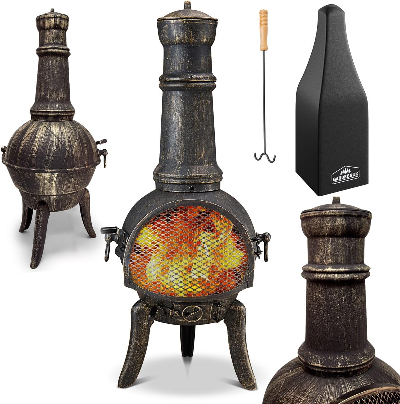 GARDEBRUK® Chiminea Cast Iron Patio Stove with Cover & Poker | La Hacienda Mexican Log Burner | Outdoor Garden Fire Pit | Terrace Fireplace | Wood Burning | Brazier Heater 28kg 112cm Black
