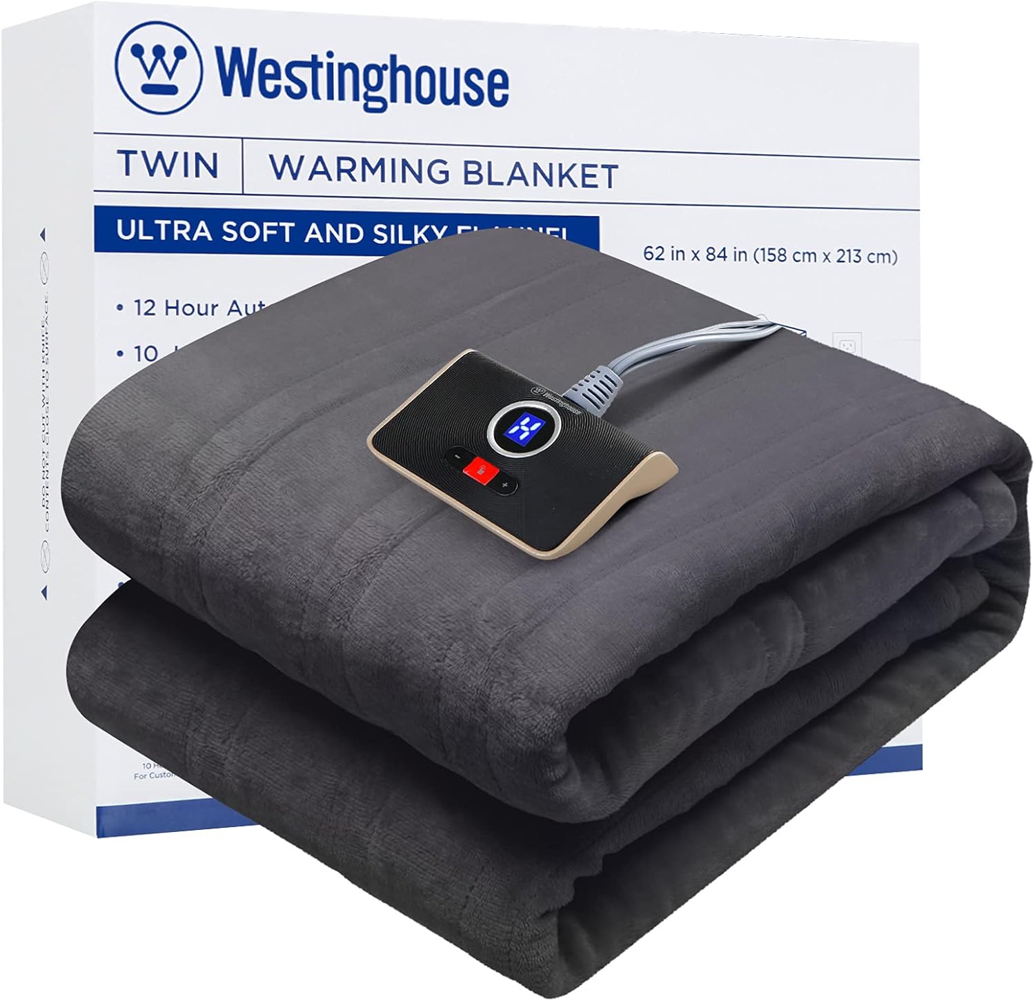 Westinghouse Heated Blanket, Electric Throw Blanket with 10 Heating Levels, 12 Hours Auto Off, Overheat Protection, Machine Washable, Flannel (Twin, 62x84 Inches, Charcoal)