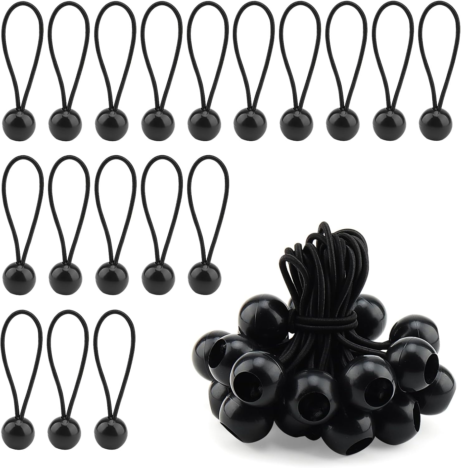50 PCS 4 Inch Bungee Ball,10cm Bungee Cord with Ball, Flag Bungees Ties for Camping Tarp, Tarpaulin, Black