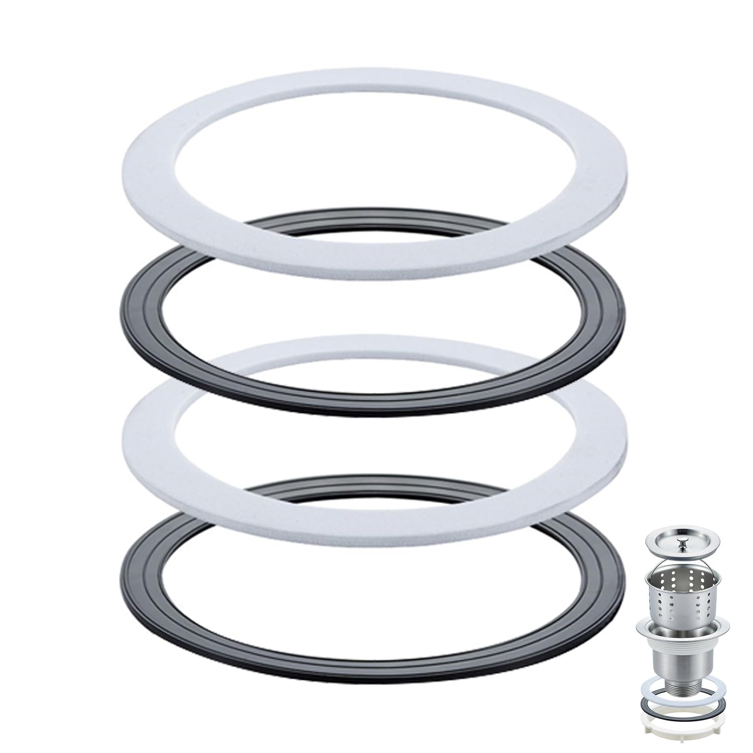 Sink Plug Rubber Seal, 4 PCS O Ring Seal Washer, 110mm O-Rings Seal Rubber Gasket Bath Plug Seal for DIY Tap Sink Washers Basin Plug Sealing Kitchen Bathroom Valve(Black & White)