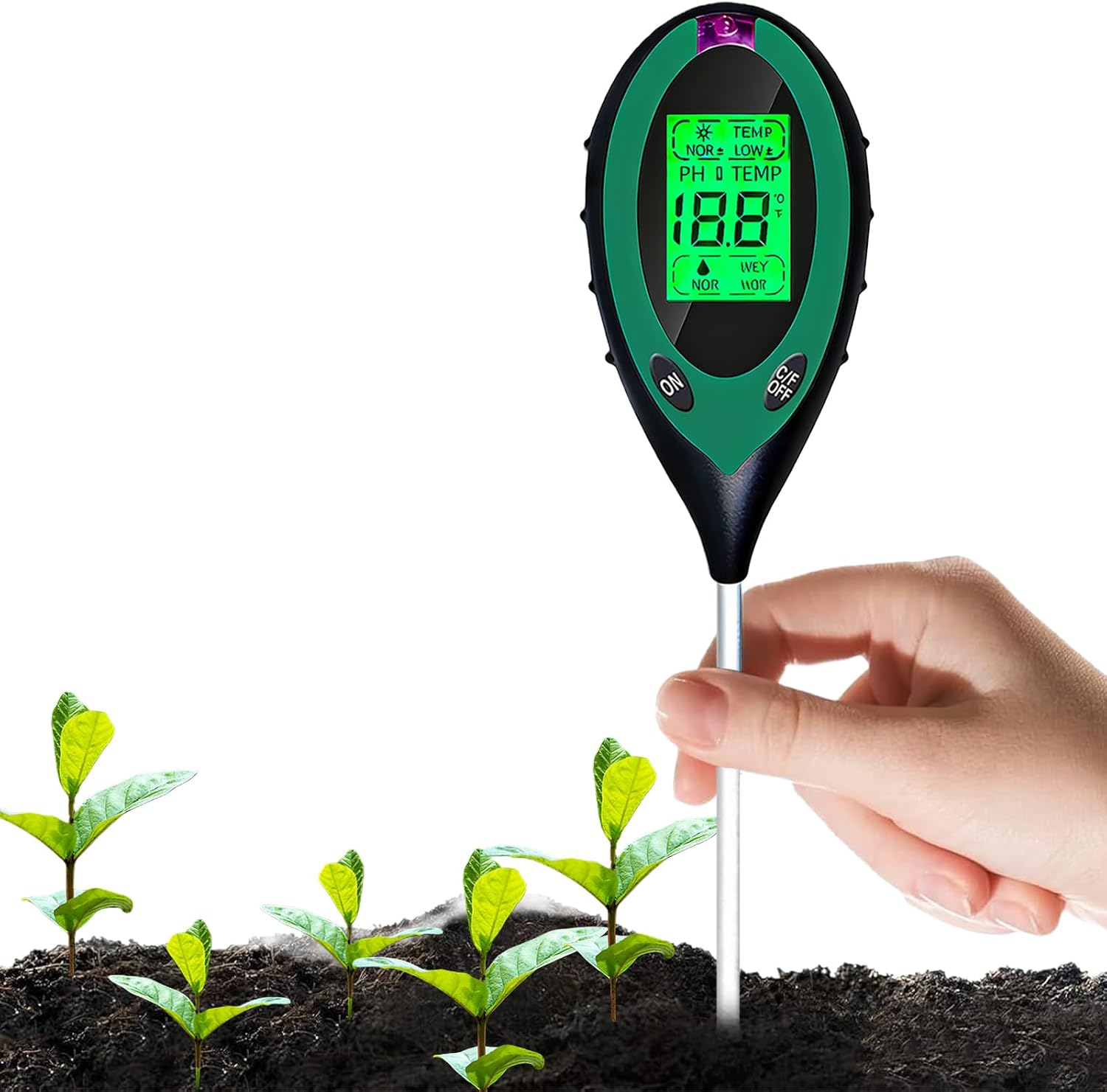 Soil Meter, 4-in-1 Soil Moisture Meter, Digital Plant Moisture/PH/Light/TemperatureTester, Sunlight Intensity Backlight LCD Display for Gardening, Lawn, Farming and Outdoor Plants