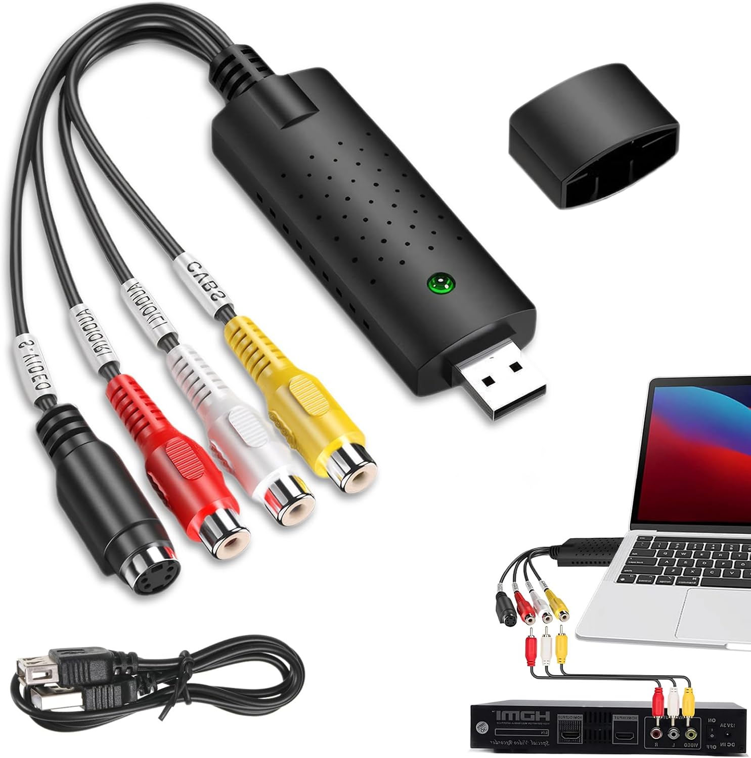 USB 2.0 Audio Video Grabber Converter USB Video Grabber Video Audio Converter Video Capture Adapter Analogue Digital Converter Video with Adapter for VHS/VCR/TV to DVD for Windows11/10/8/7/ Mac