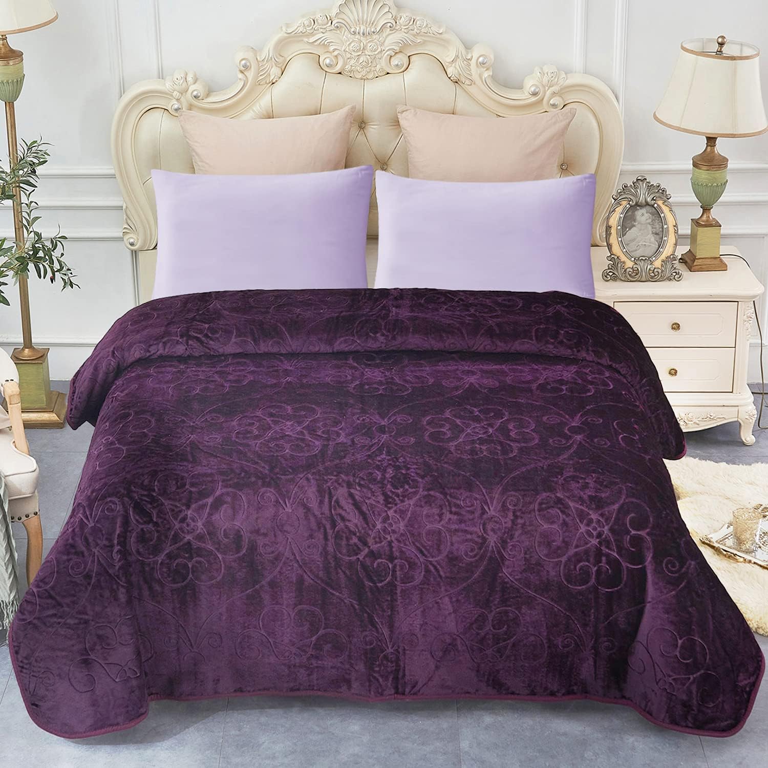 JML Plush Fleece Blanket, Bed Blanket Queen Size (75" x 91") - Soft, Warm, Lightweight Solid Color Embossed Blanket for Bed, Pattern-Purple