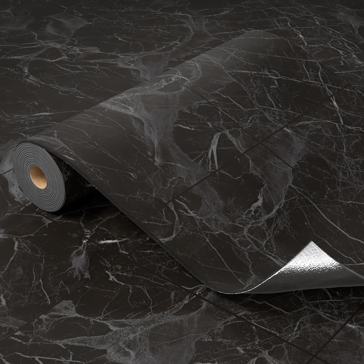 Oxdigi Vinyl Floor Tiles Peel and Stick 23"x 196"/32 Sq.Ft, Thicken Self Adhesive Vinyl Flooring Roll Marble Pattern Waterproof DIY Floor Coverings for Bathroom Living Room Kitchen, Black Marble