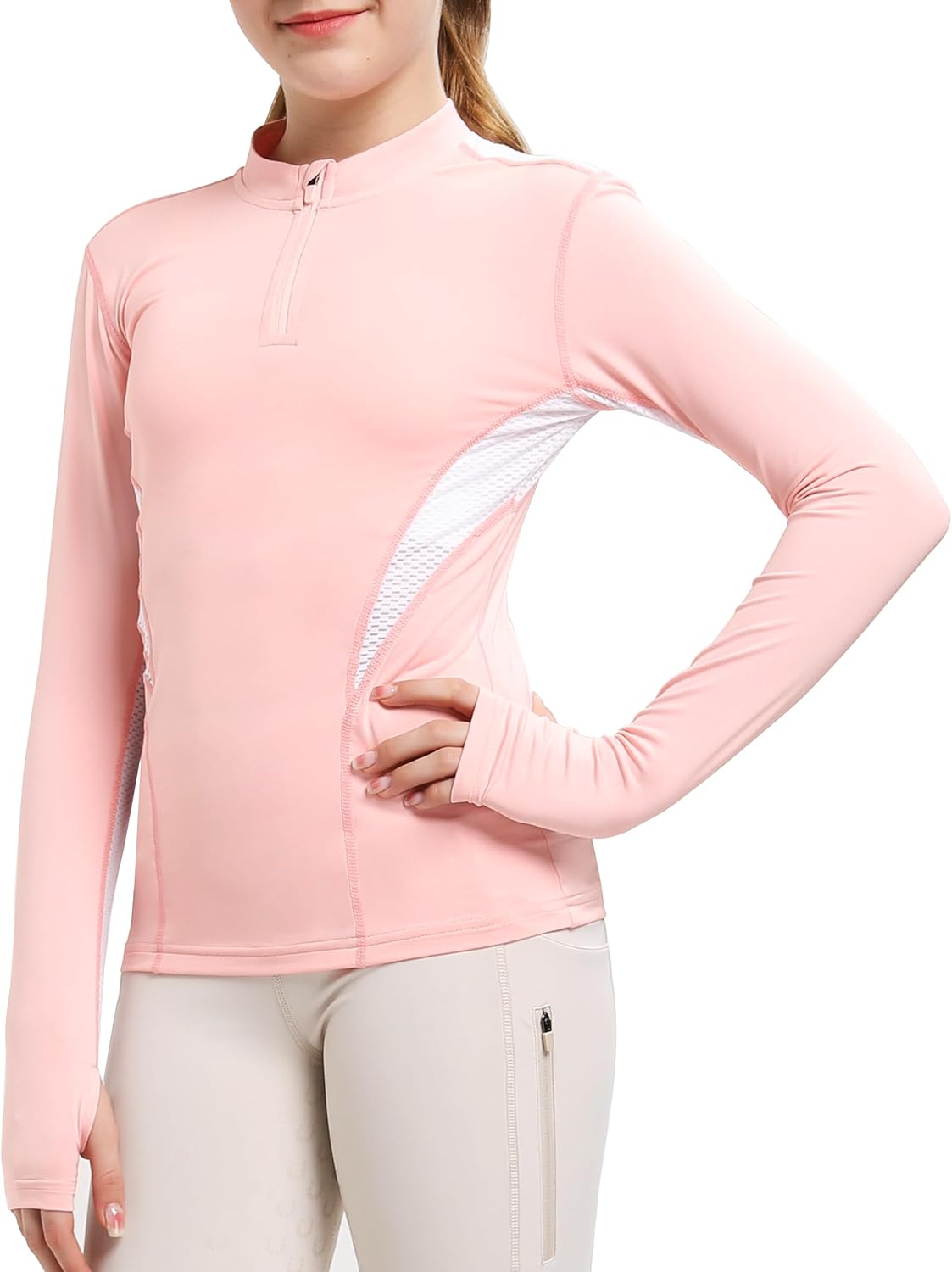 FitsT4 Sports Girls Long Sleeves Shirts Thumbhole English Horse Riding Shirt UPF50 Quick Dry Kids Equestrain Half Zip Jacket