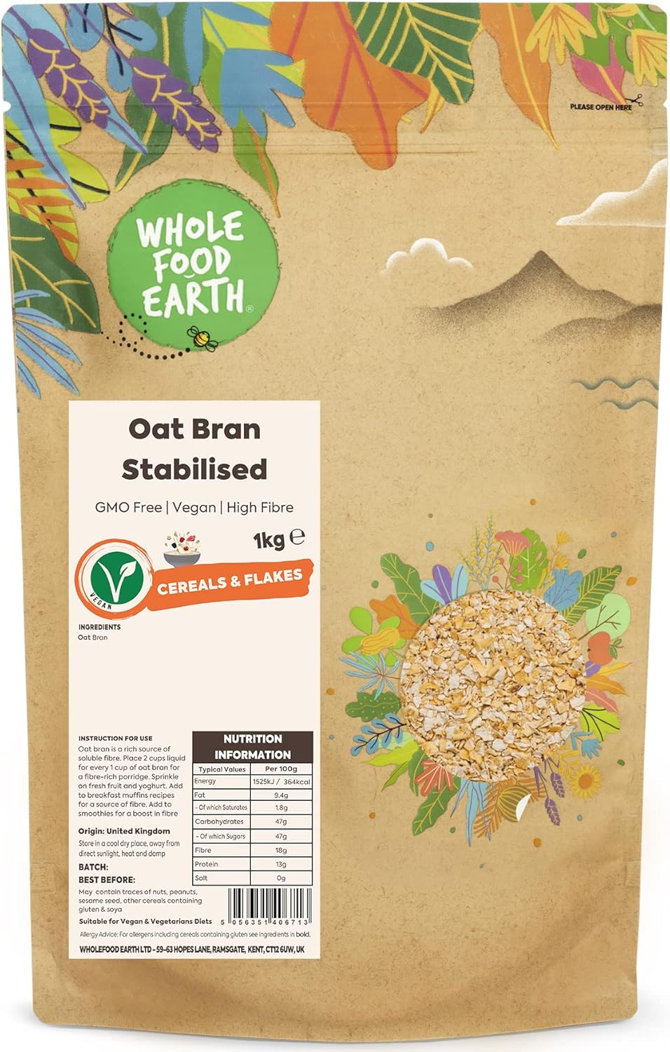 Wholefood Earth Oat Bran Stabilised 1 kg | GMO Free | High Fibre