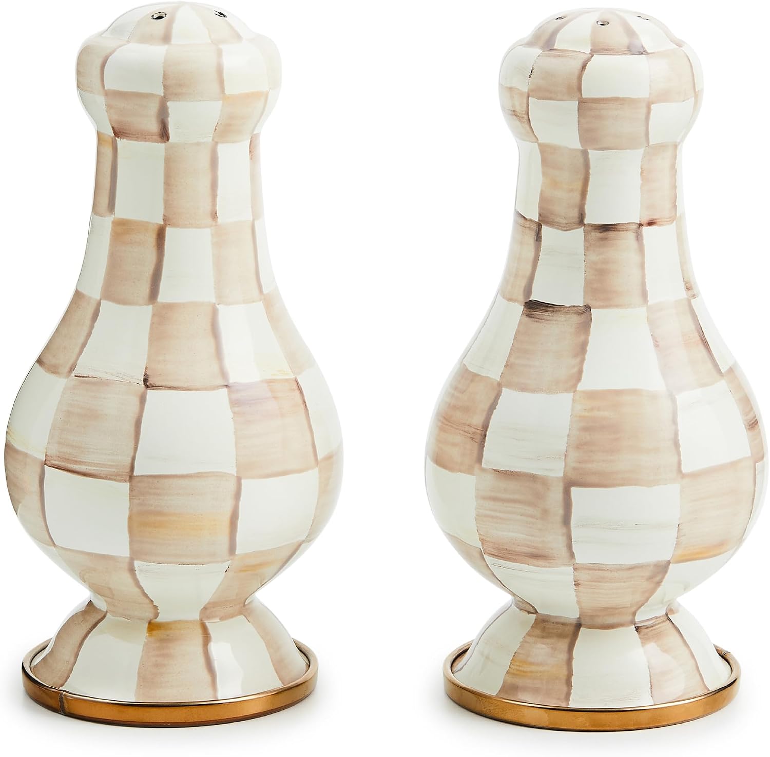 MACKENZIE-CHILDS Enamel Salt and Pepper Shakers, Kitchen Table Spice Shaker Set, Brown-and-White Mocha Check, Large