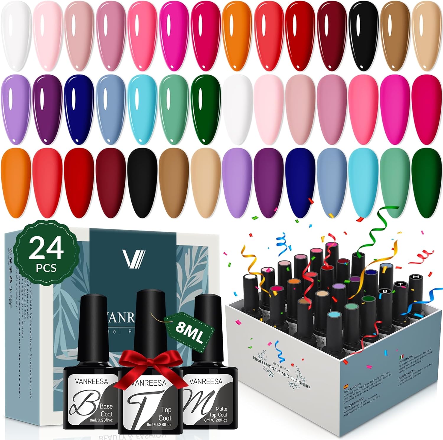 VANREESA 24 PCS Gel Nail Polish Set Fall Winter Colours Gel Polish Set with Base Top Coat Classic White Black Pink Purple Red Brown Soak Off UV Nail Polish Set Nail Varnish Kit Gifts for Women