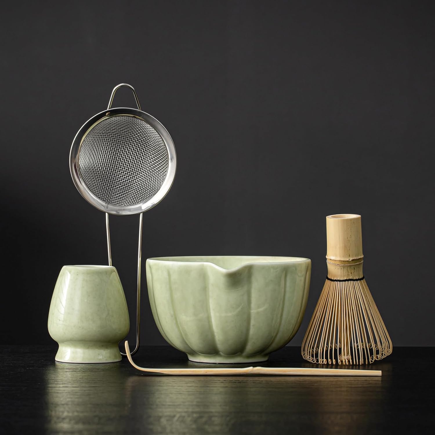 Matcha Whisk Set, Matcha Bowl with Spout, Matcha Whisk, Chasen Holder, Sifter, Bamboo Scoop - 5 Pcs Mottled Green Perfect Matcha Making Kits for Matcha Lover and Tea Ceremony