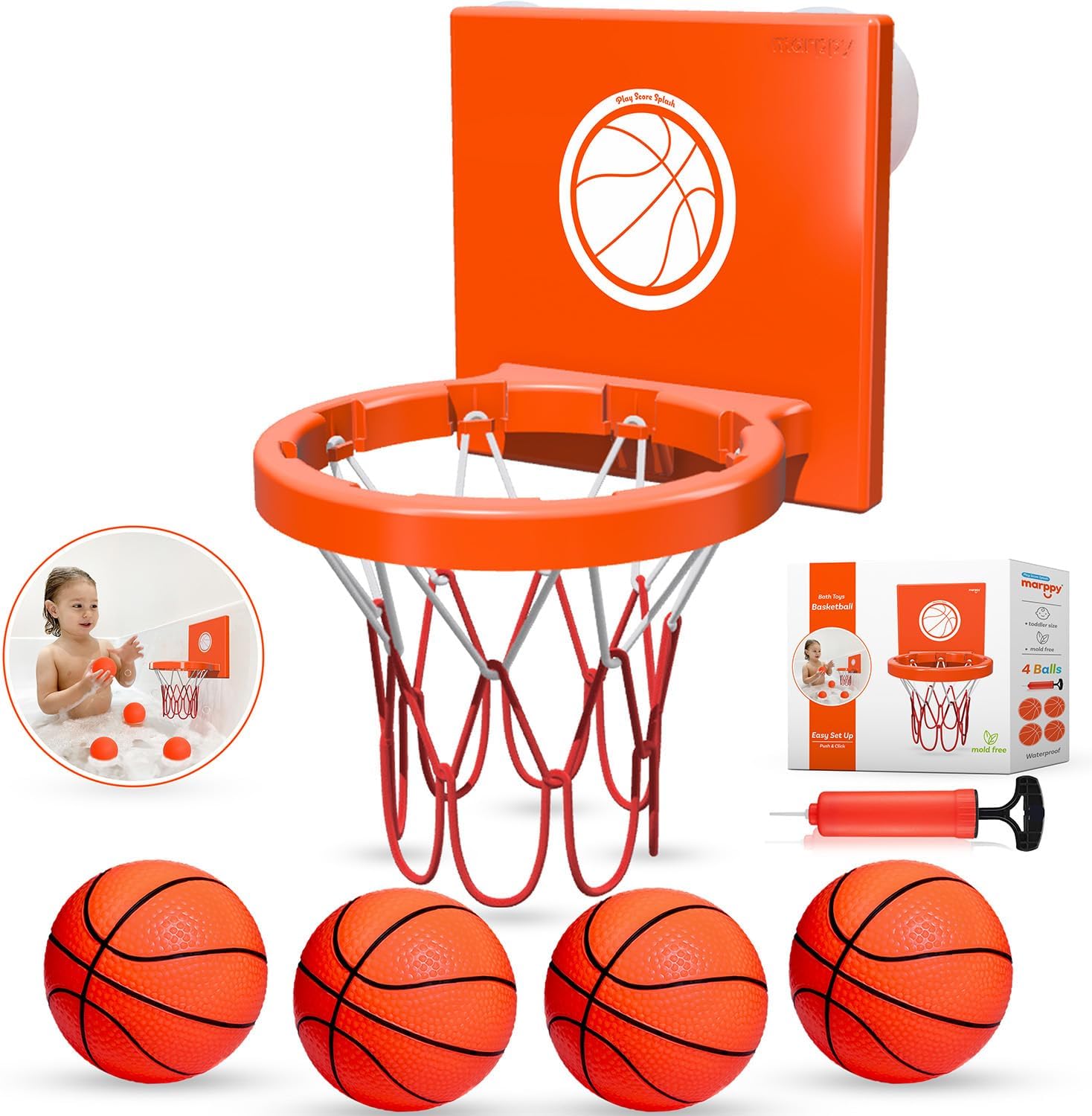 Bath Toys - Bathtub Basketball Hoop for Kids, Toddlers - Suction Cup Basketball Hoop and 4 Soft and No Hole Balls - Baby & Toddler Mini Basketball Hoop - Boys & Girls