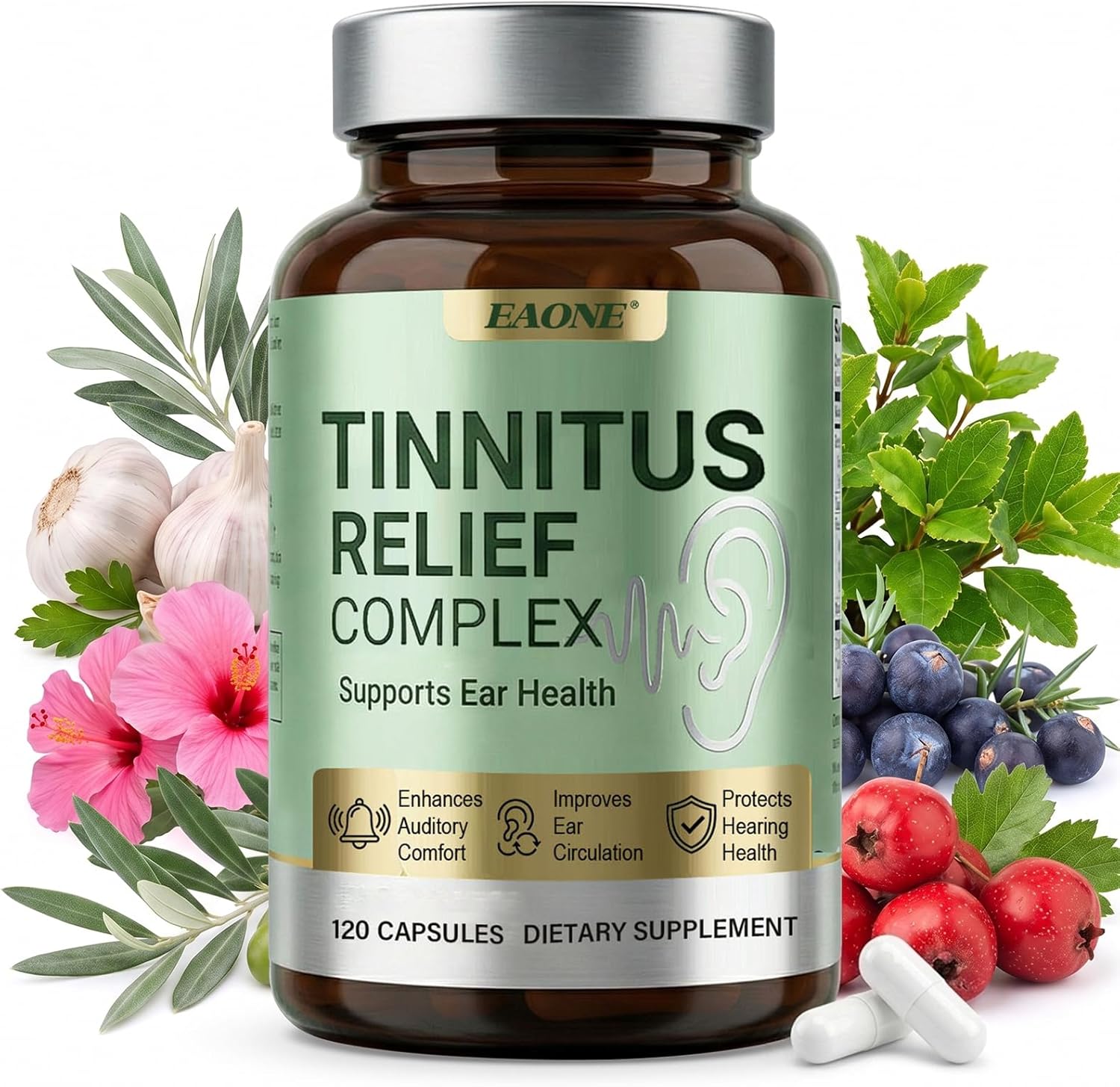 Tinnitus Relief for Ringing Ears, 120 Capsules, Ear Ringing Support Supplement with Vitamin C and B Complex, Helps Reduce Ear Noise and Buzzing, for Inner Ear Balance and Auditory Clarity, 60 Day